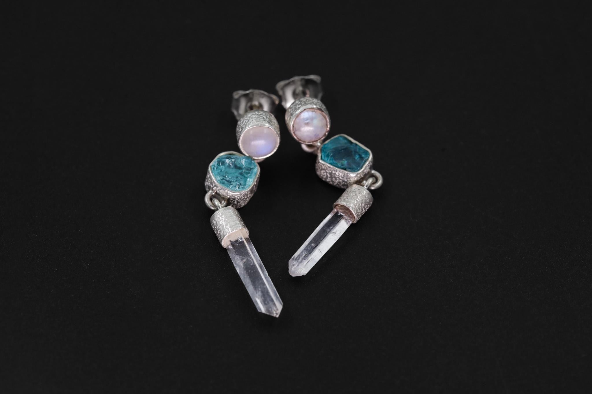 Moonstone, Blue Apatite & Clear Quartz Earrings – Sand Textured Sterling Silver Stud – Spiritual Jewelry for Chakra Healing and Unique Gift