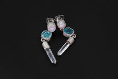 Moonstone, Blue Apatite & Clear Quartz Earrings – Sand Textured Sterling Silver Stud – Spiritual Jewelry for Chakra Healing and Unique Gift