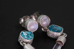 Moonstone, Blue Apatite & Clear Quartz Earrings – Sand Textured Sterling Silver Stud – Spiritual Jewelry for Chakra Healing and Unique Gift
