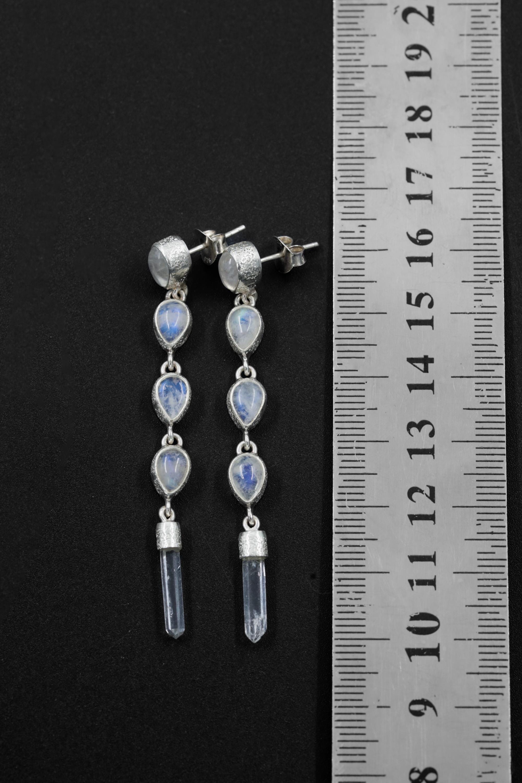 Crystal Earring Stud, Teardrop Blue Moonstone & Raw Clear Quartz Point, Sand Textured Sterling Silver, Crown Chakra, Cancer Zodiac Gift