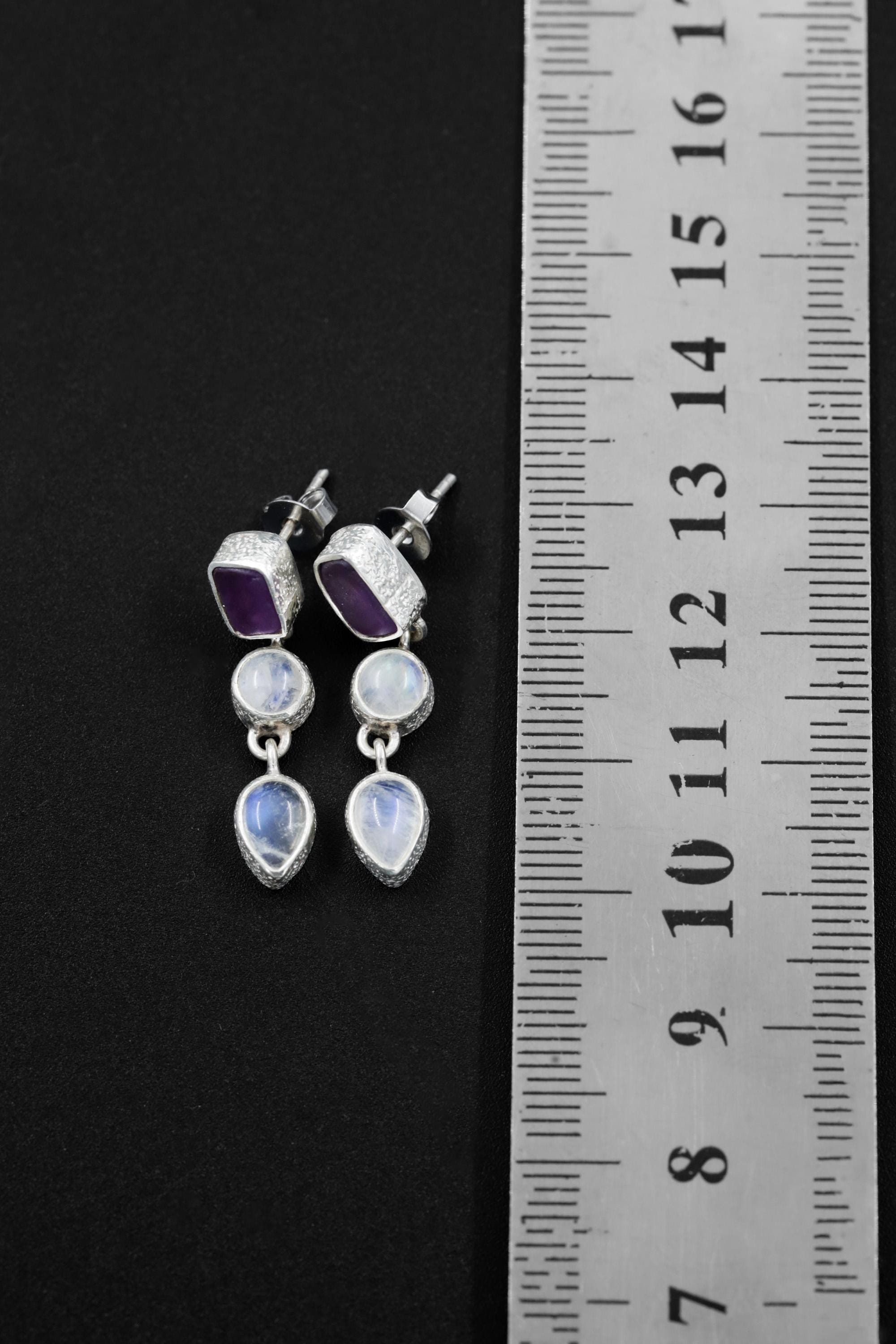 Amethyst & Blue Moonstone Stud Earrings with Sand Textured Sterling Silver dangle, Spiritual Jewelry for Intuition and Chakra Healing Gift