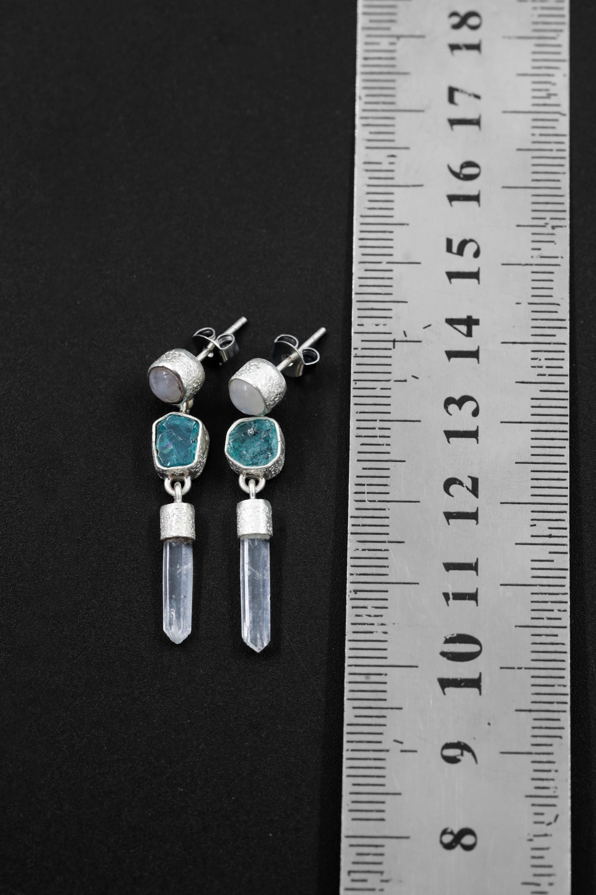 Blue Moonstone Apatite Quartz sterling silver stud drop earrings shown beside a ruler for length reference.