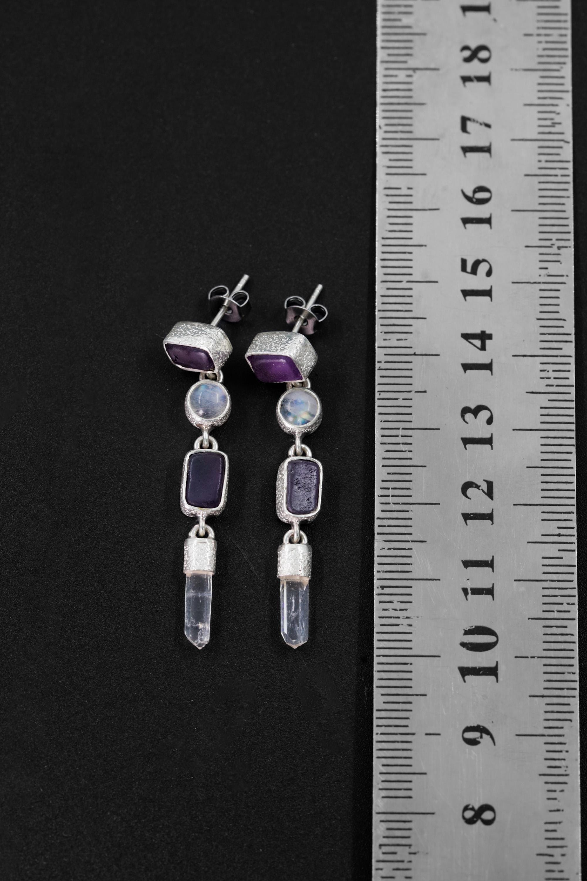 Amethyst Blue Moonstone and Raw Quartz Earrings, Sand Textured Sterling Silver Stud, Spiritual Jewelry, Chakra Healing, Unique Gift