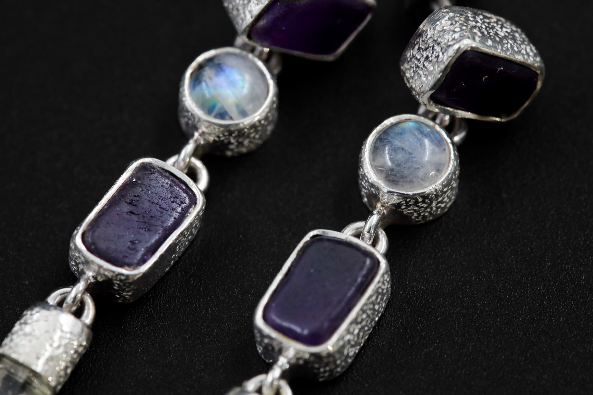 Amethyst Blue Moonstone and Raw Quartz Earrings, Sand Textured Sterling Silver Stud, Spiritual Jewelry, Chakra Healing, Unique Gift
