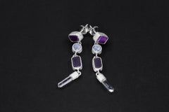 Amethyst Blue Moonstone and Raw Quartz Earrings, Sand Textured Sterling Silver Stud, Spiritual Jewelry, Chakra Healing, Unique Gift