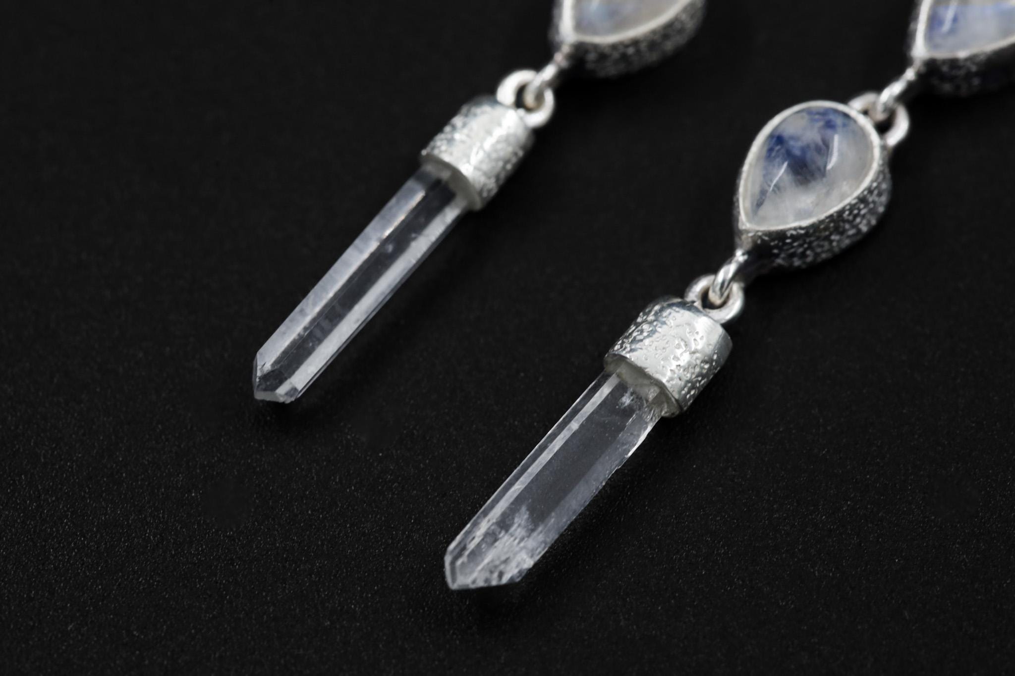 Crystal Earring Stud, Teardrop Blue Moonstone & Raw Clear Quartz Point, Sand Textured Sterling Silver, Crown Chakra, Cancer Zodiac Gift