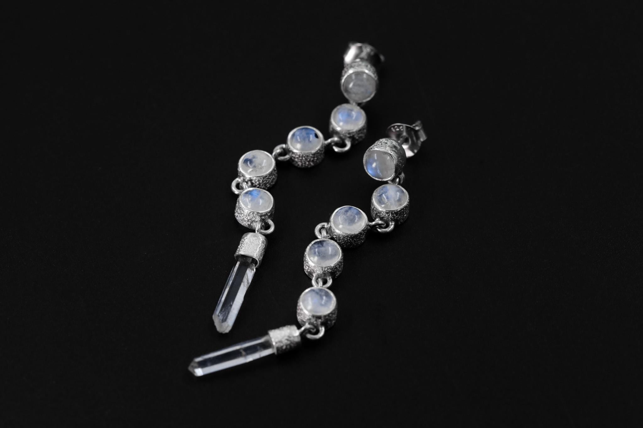 Crystal Earring Stud, Teardrop Blue Moonstone & Raw Clear Quartz Point, Sand Textured Sterling Silver, Crown Chakra, Cancer Zodiac Gift