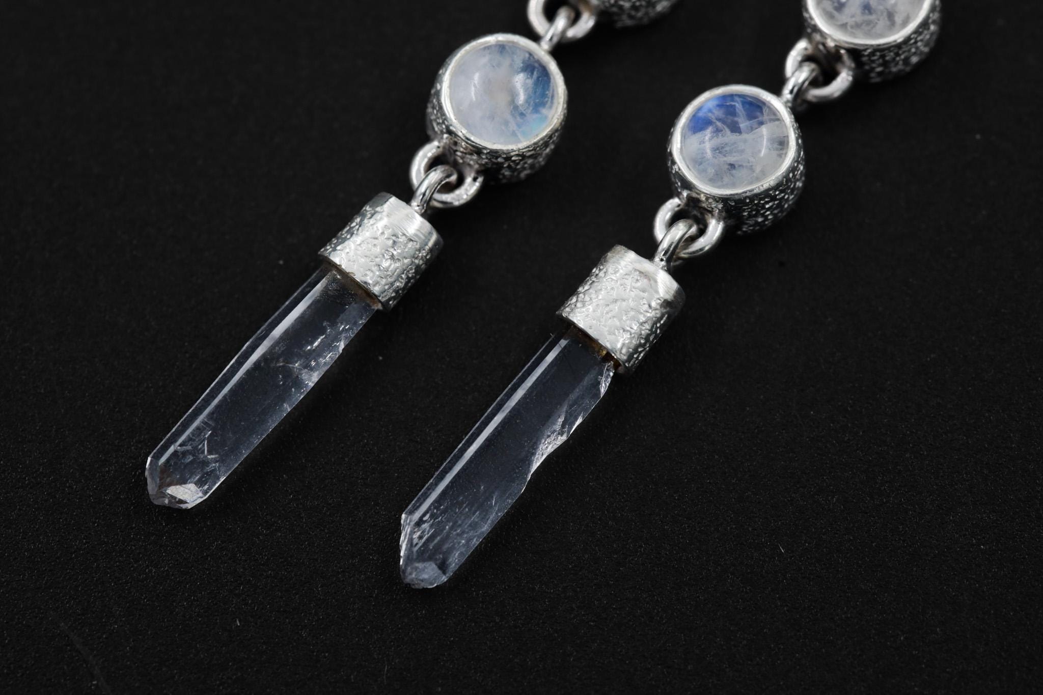 Blue Moonstone & Raw Quartz Drop Earrings: Sand Textured Sterling Silver
