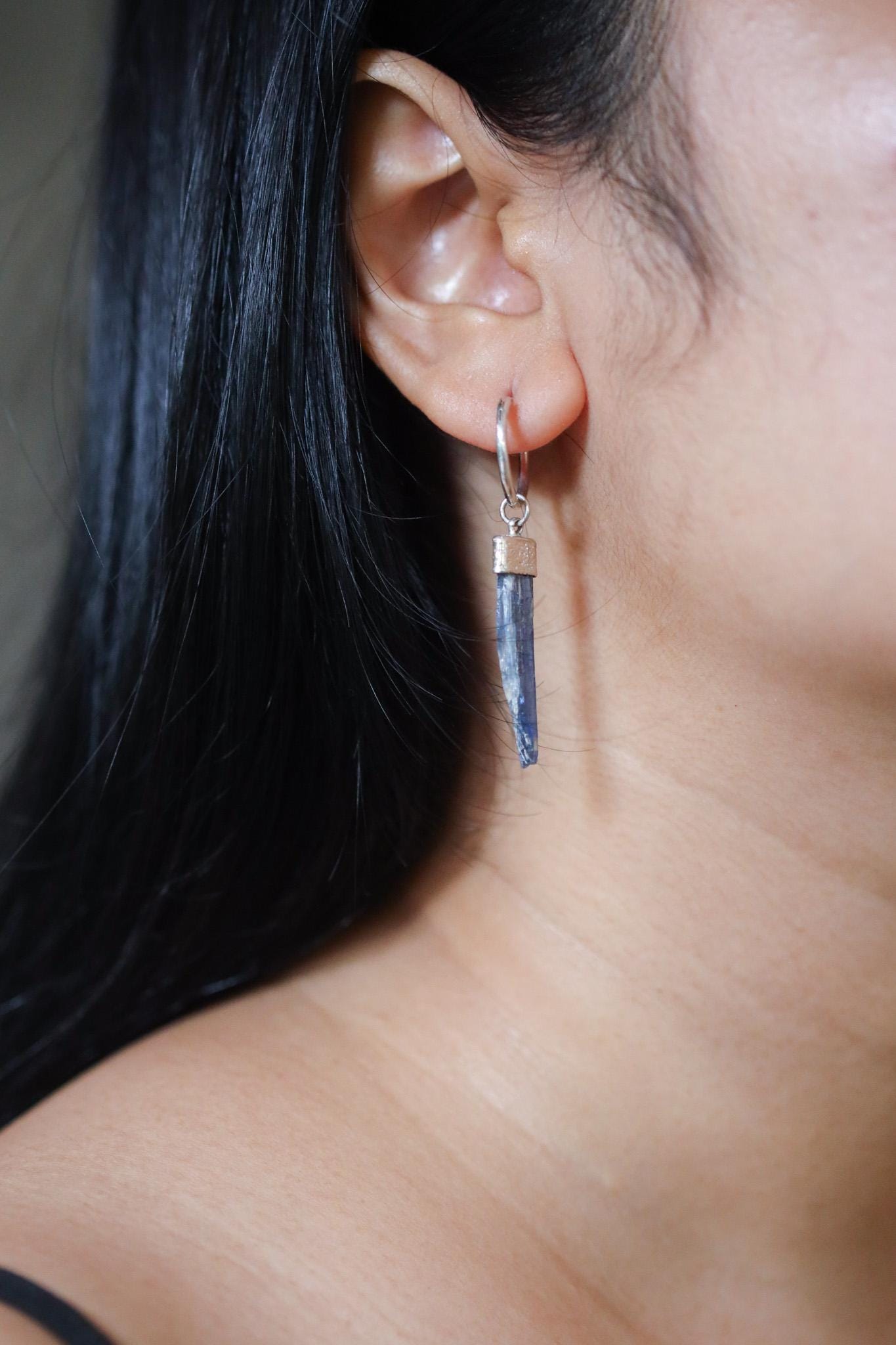 Single Kyanite Dangle Hoop Earring, Sterling Silver, Shiny Finish, Throat Chakra, Communication & Balance, Unique Gift