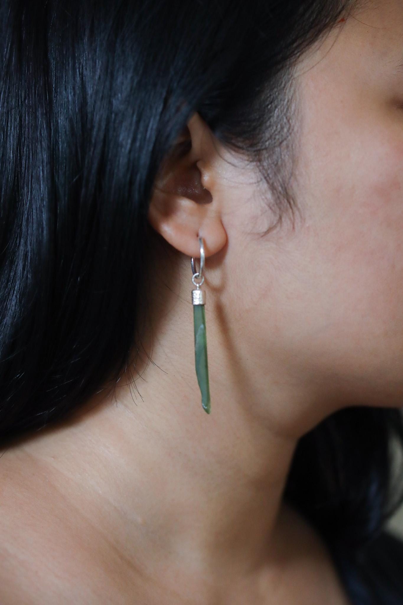 Single Green Jade Hoop Earring, 925 Sterling Silver, Sand Textured & Shiny Finish, Heart Chakra, Healing Jewelry, Unique Gift