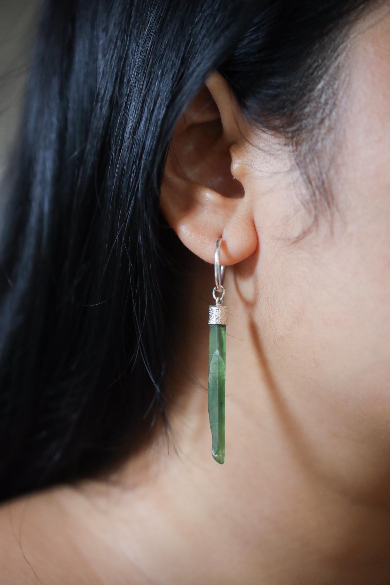 Single Green Jade Hoop Earring, 925 Sterling Silver, Sand Textured & Shiny Finish, Heart Chakra, Healing Jewelry, Unique Gift