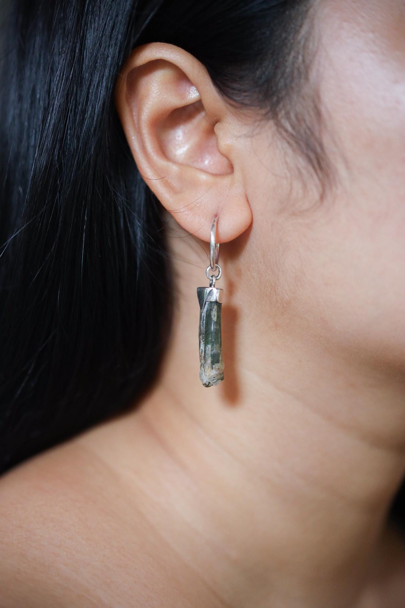 Single Green Tourmaline Hoop Earring, Sterling Silver, Polished & Shiny Finish, Heart Chakra, Healing Crystal Jewelry, Unique Gift