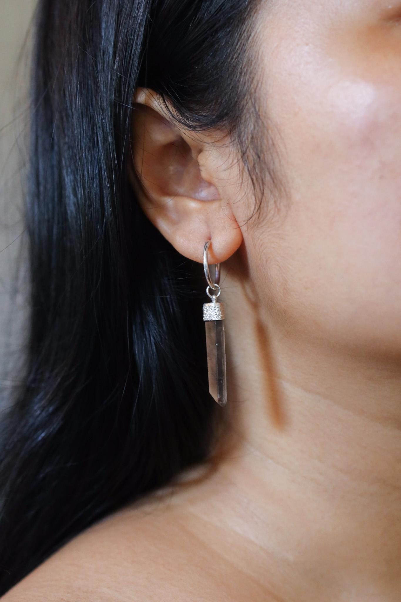 Single Australian Smoky Citrine Phantom Hoop Earring Sterling Silver Textured & Shiny Finish Root and Solar Plexus Chakra, Unique Gift NO/02