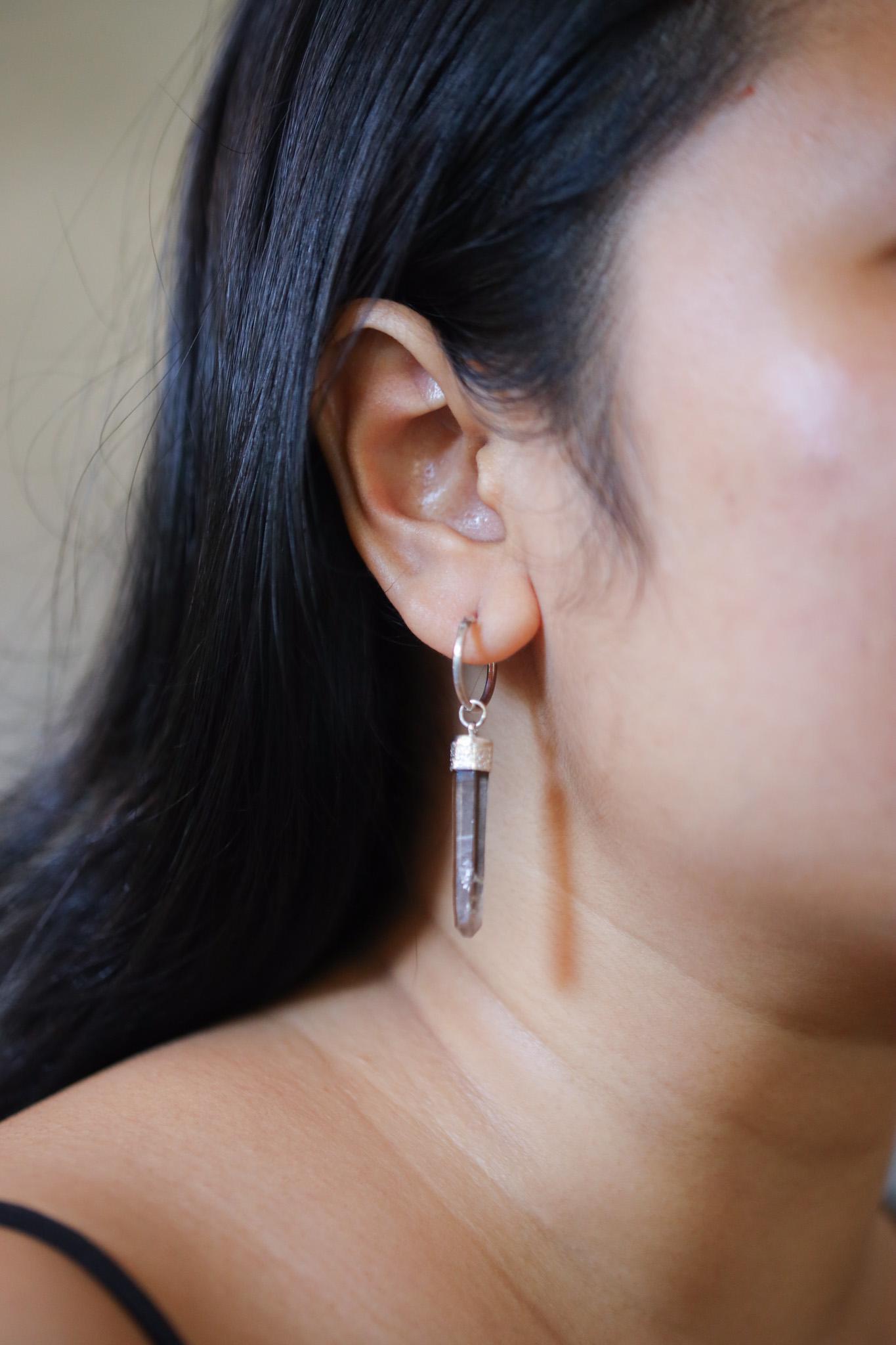 Single Australian Smoky Citrine Phantom Hoop Earring Sterling Silver Textured & Shiny Finish Root and Solar Plexus Chakra, Unique Gift NO/03