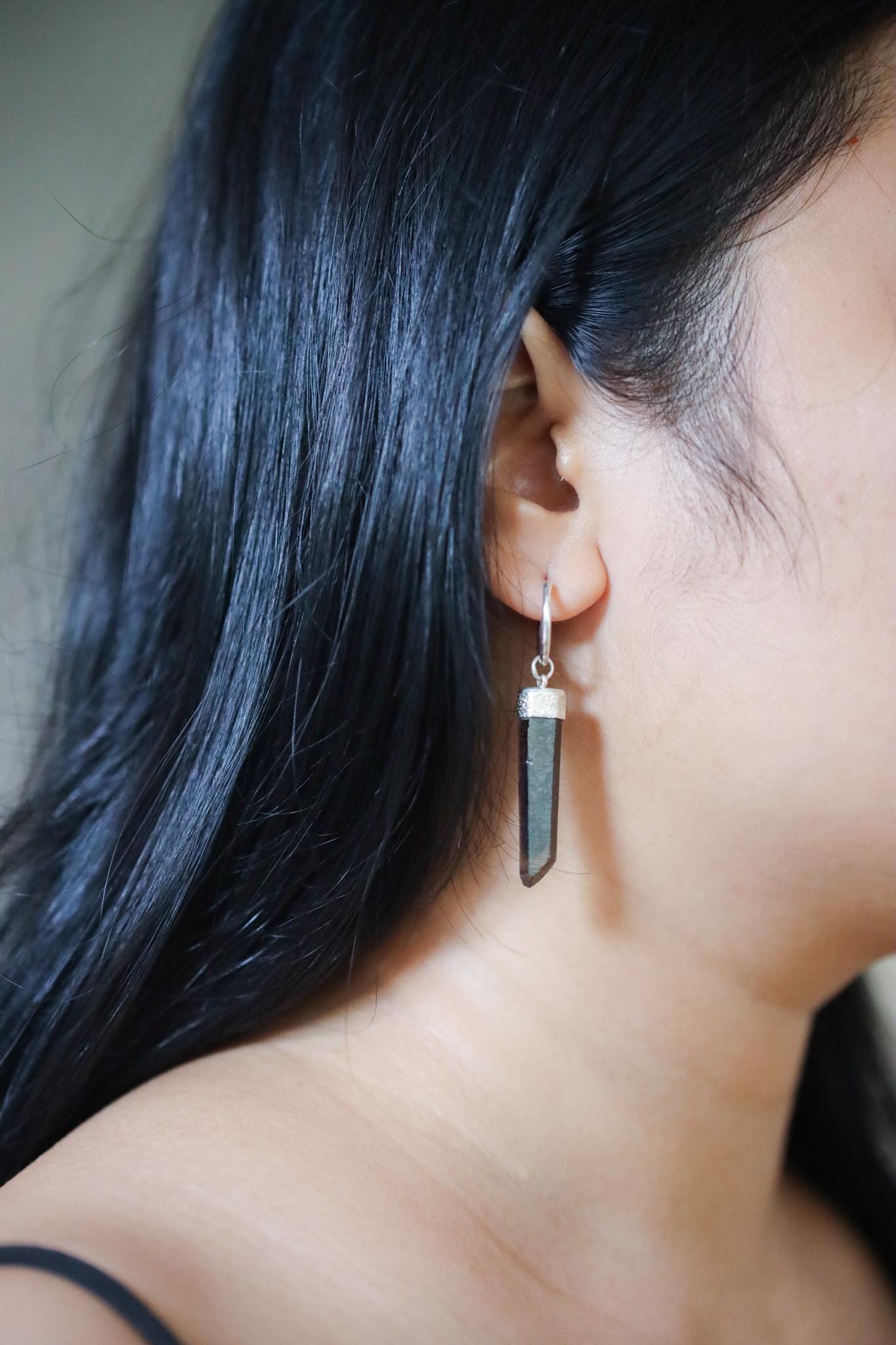 Single Australian Smoky Citrine Phantom Hoop Earring Sterling Silver Textured & Shiny Finish, Root and Solar Plexus Chakra Unique Gift NO/01