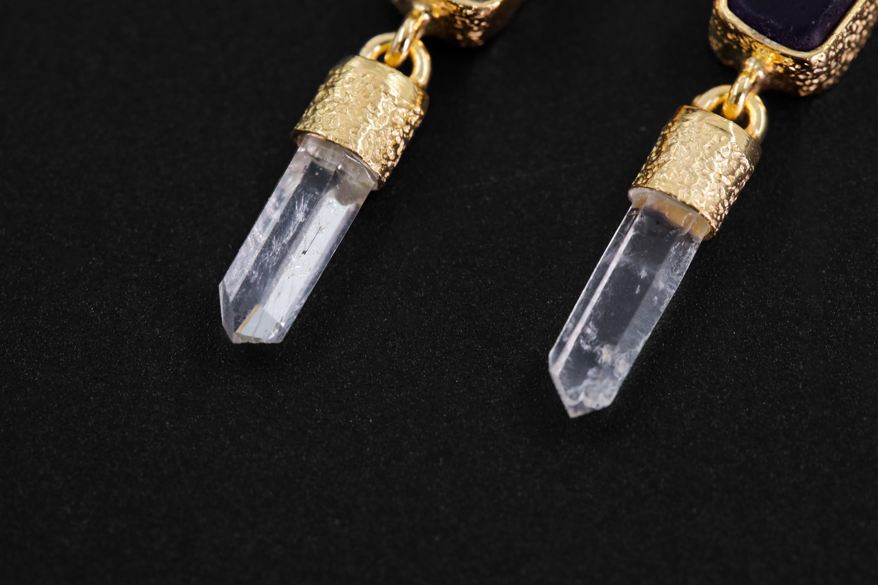 Amethyst, Blue Moonstone & Raw Quartz Earrings – 18K Gold Plated 3 Micron Sand Textured Studs, Third Eye Crown Chakra Unique Spiritual Gift