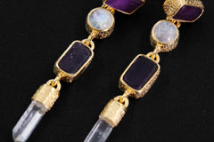 Amethyst, Blue Moonstone & Raw Quartz Earrings – 18K Gold Plated 3 Micron Sand Textured Studs, Third Eye Crown Chakra Unique Spiritual Gift