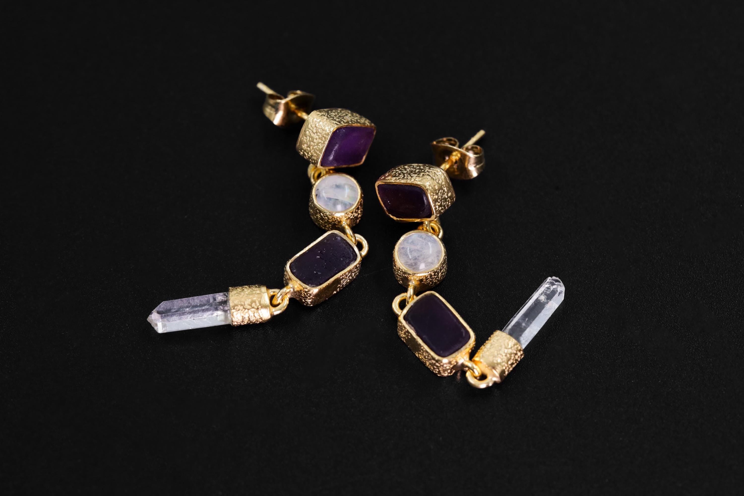 Amethyst, Blue Moonstone & Raw Quartz Earrings – 18K Gold Plated 3 Micron Sand Textured Studs, Third Eye Crown Chakra Unique Spiritual Gift