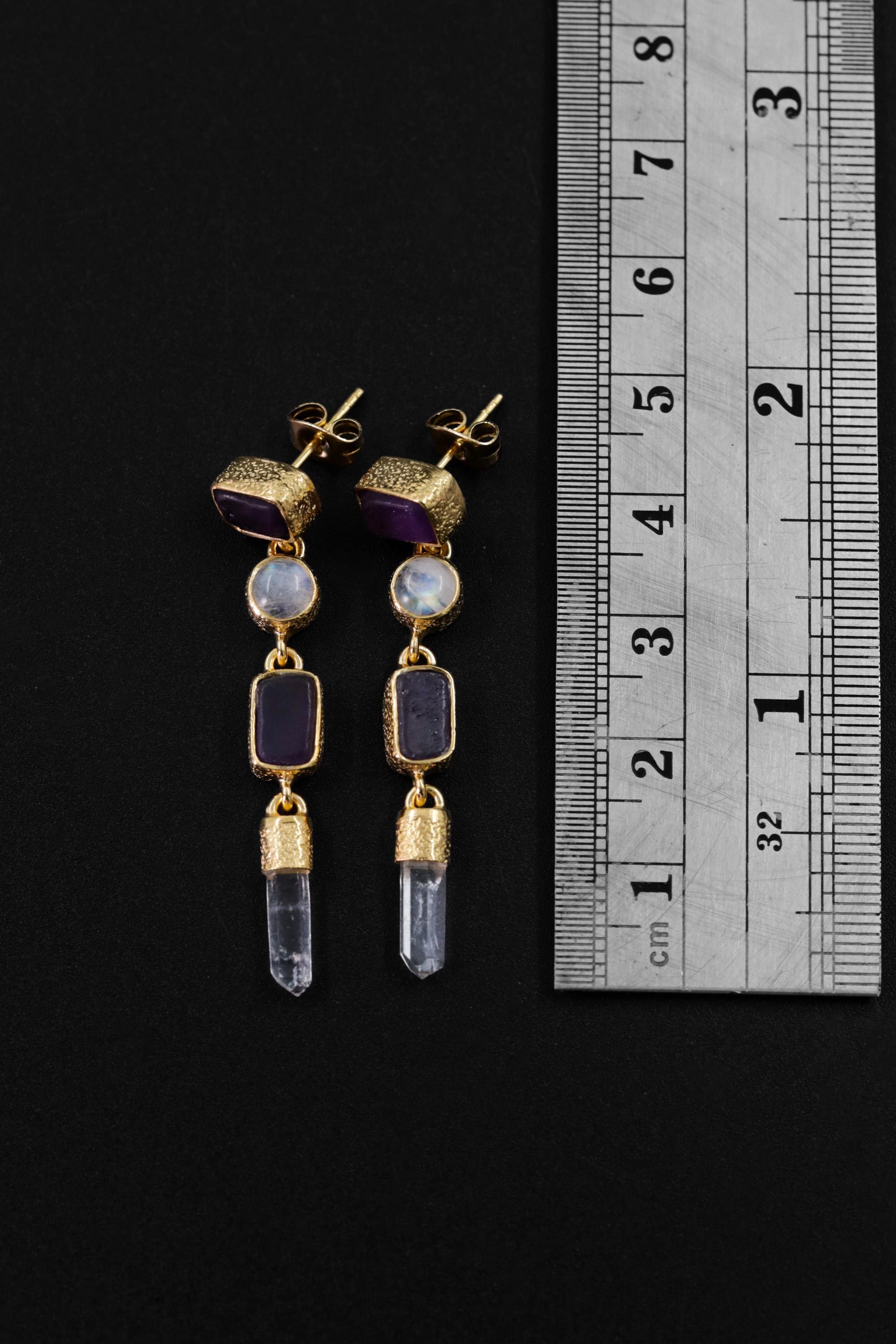 Amethyst, Blue Moonstone & Raw Quartz Earrings – 18K Gold Plated 3 Micron Sand Textured Studs, Third Eye Crown Chakra Unique Spiritual Gift