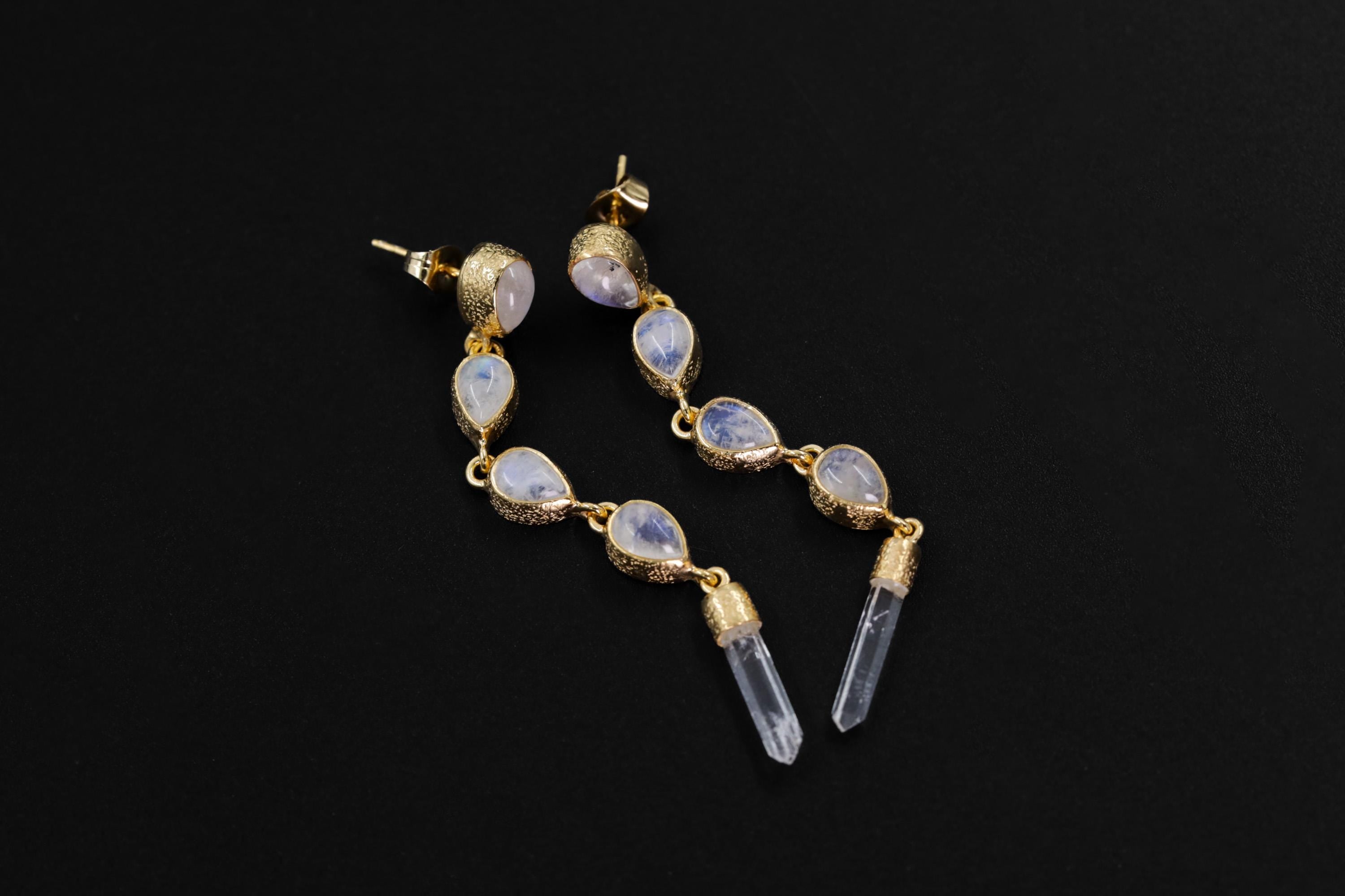 Teardrop Blue Moonstone & Raw Clear Quartz Earring Stud, Sand Textured Sterling Silver, 18K Gold Plated 3 Micron, Crown Chakra, Jewelry Gift