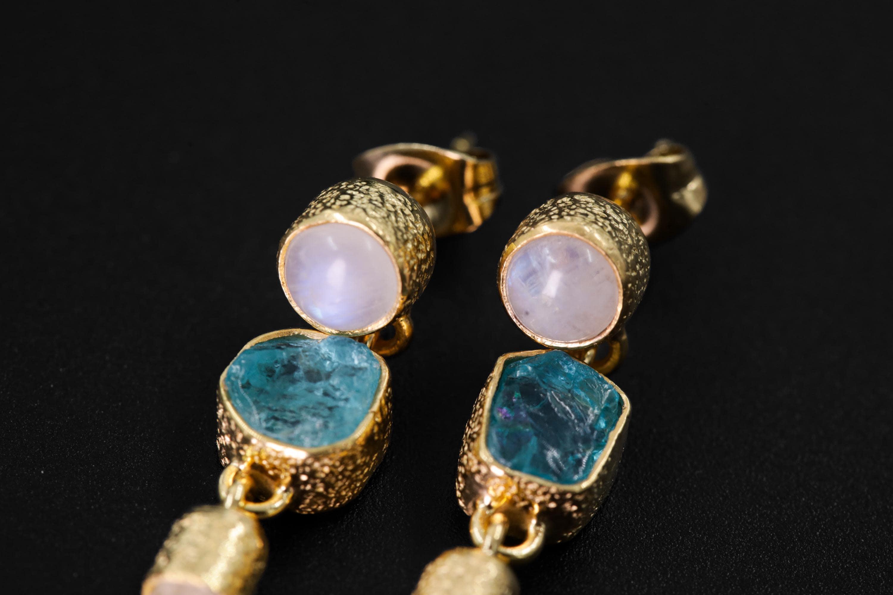 Blue Moonstone Apatite Clear Quartz Earrings 18k Gold Plated 925 Silver Stud Drops Third Eye Throat Chakra Gift