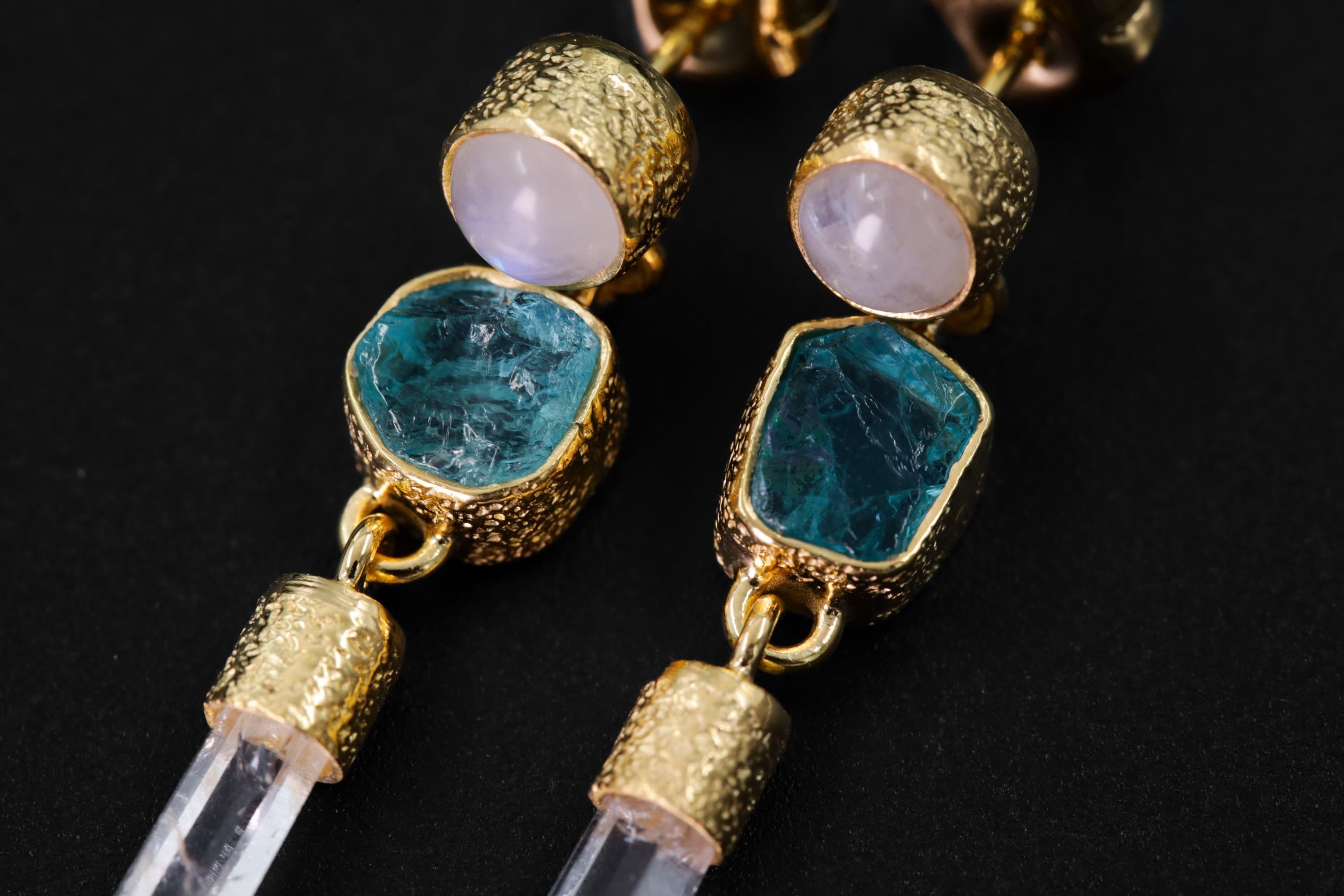 Moonstone Blue Apatite & Raw Quartz Earrings, Sand Textured, Sterling Silver Studs 18k 3 Micron Gold Plated Chakra Healing Spiritual Jewelry