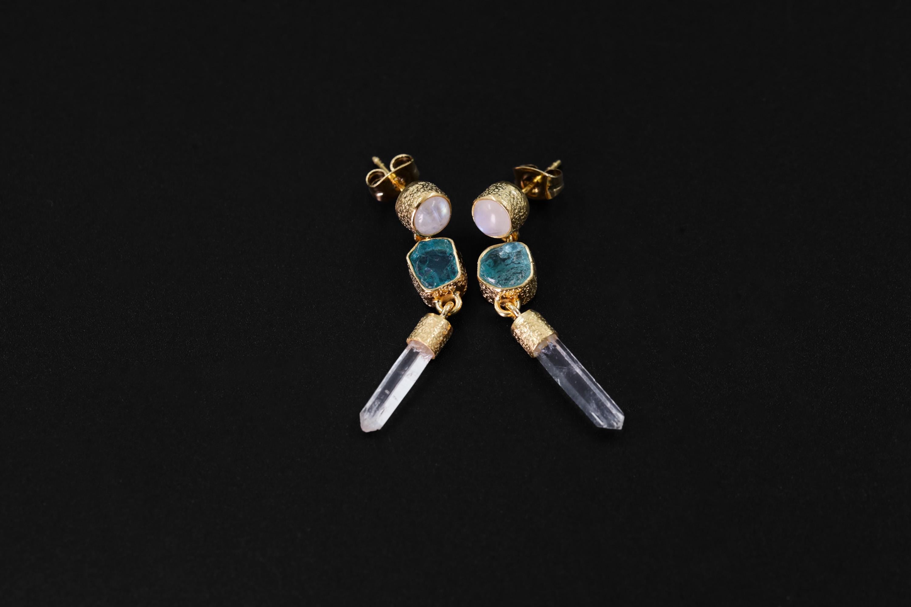 Moonstone Blue Apatite & Raw Quartz Earrings, Sand Textured, Sterling Silver Studs 18k 3 Micron Gold Plated Chakra Healing Spiritual Jewelry