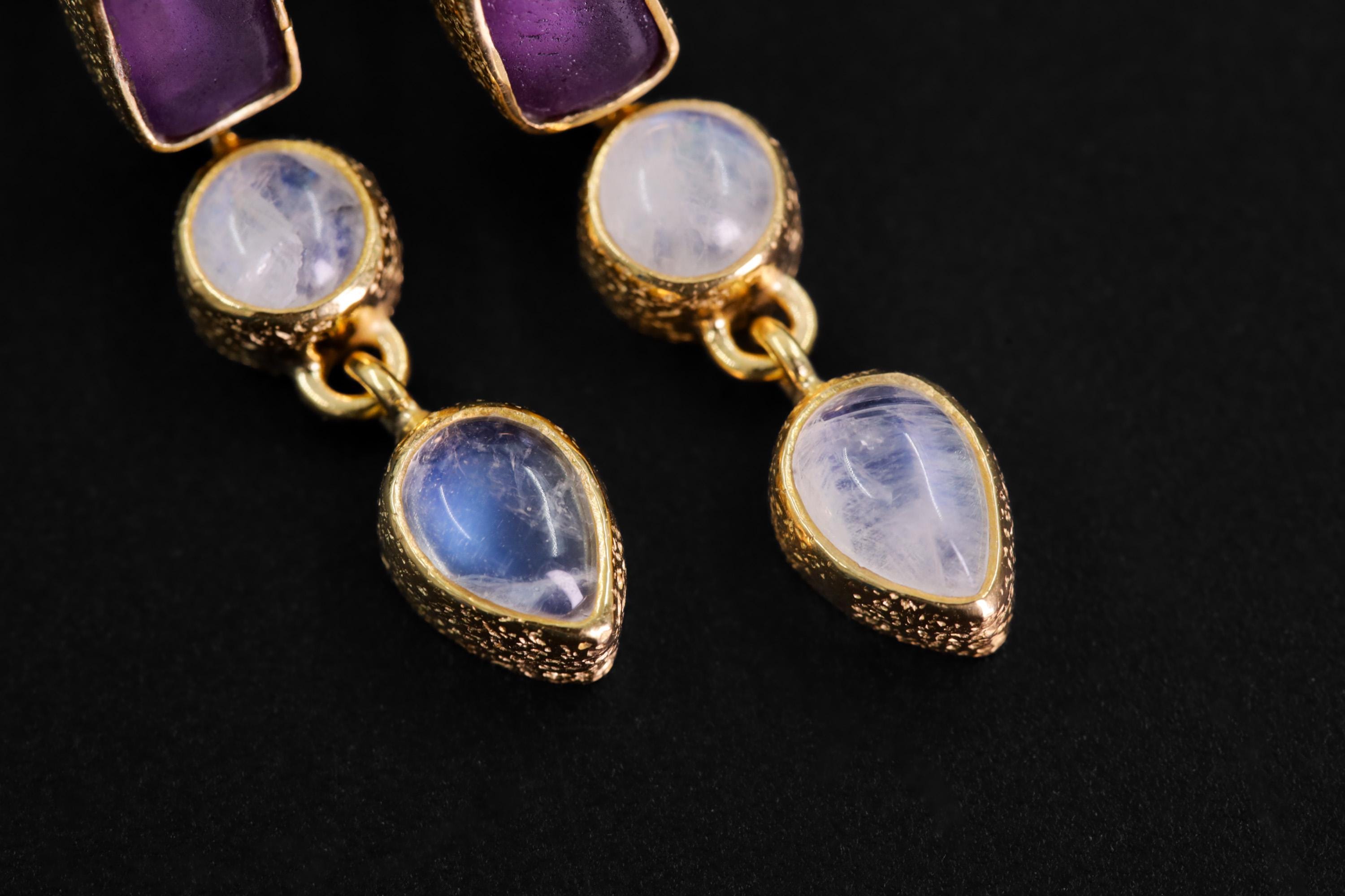 Amethyst Moonstone Drop Earrings, Gold Plated Sterling Silver Studs