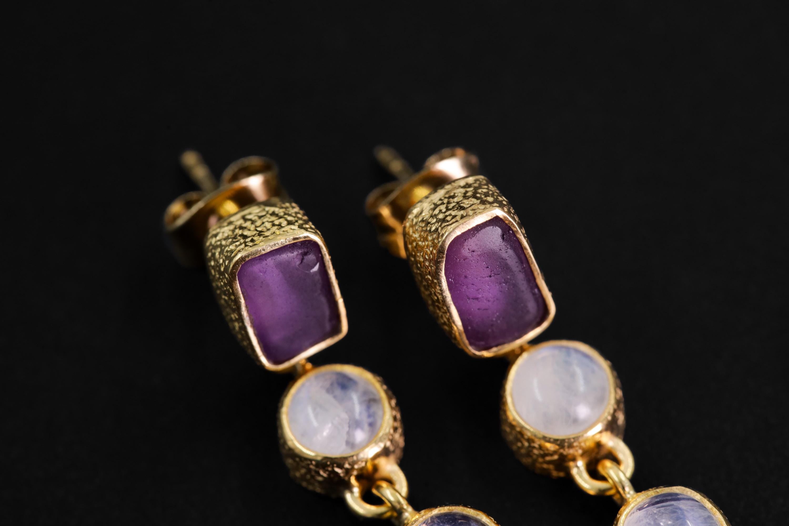 Amethyst & Moonstone Earrings with Sand Textured Sterling Silver Stud, 18K Gold Plated 3 Micron, Intuition and Chakra Healing, Unique Gift