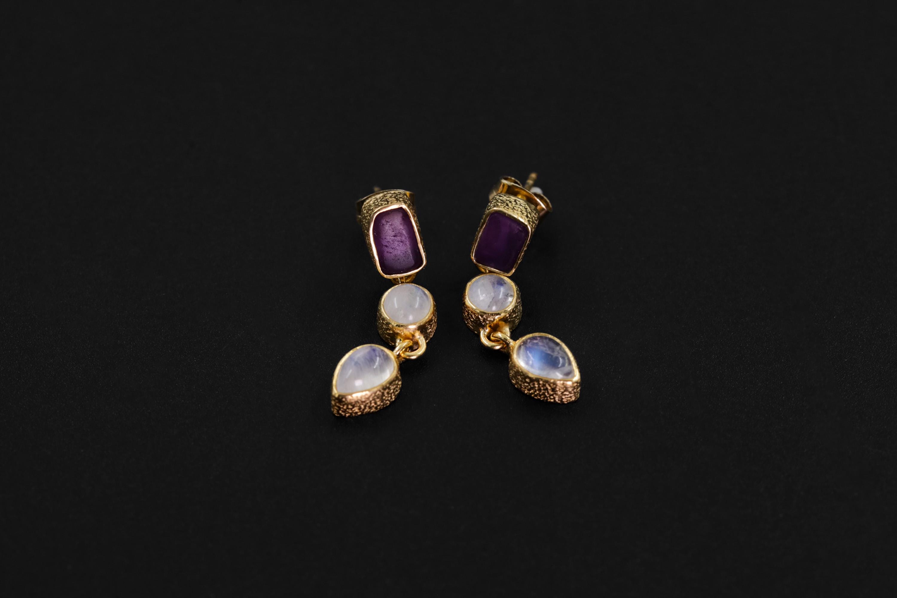 Amethyst & Moonstone Earrings with Sand Textured Sterling Silver Stud, 18K Gold Plated 3 Micron, Intuition and Chakra Healing, Unique Gift