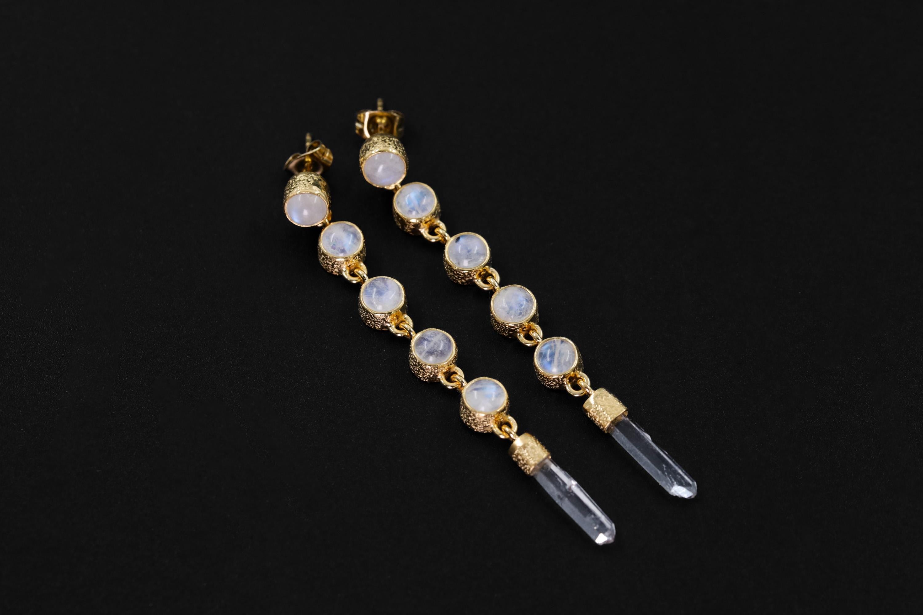 Round Blue Moonstone & Raw Clear Quartz Earrings Sand Textured Sterling Silver 18K Gold Plated 3 Micron Cancer Zodiac Spiritual Jewelry Gift