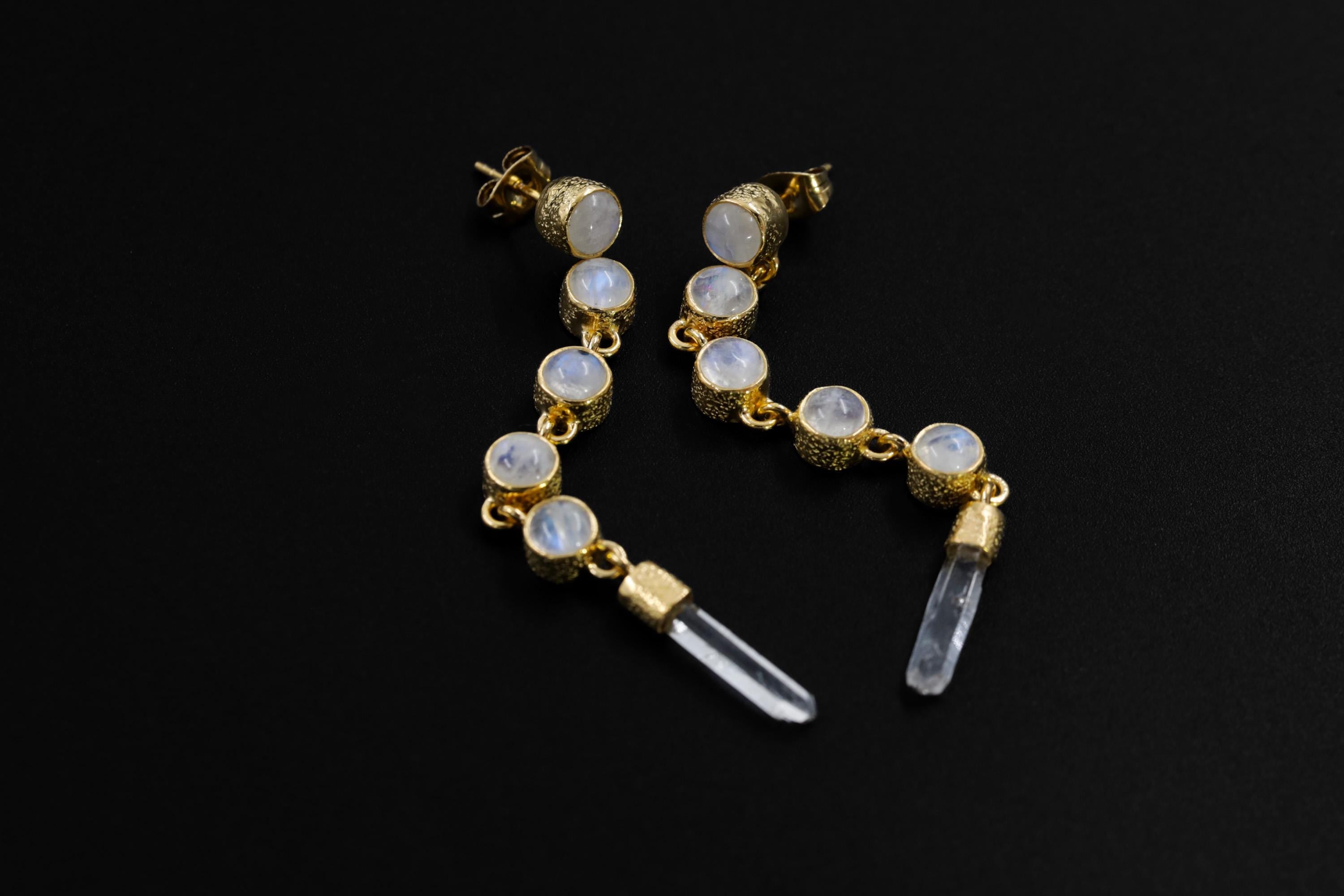 Round Blue Moonstone & Raw Clear Quartz Earrings Sand Textured Sterling Silver 18K Gold Plated 3 Micron Cancer Zodiac Spiritual Jewelry Gift