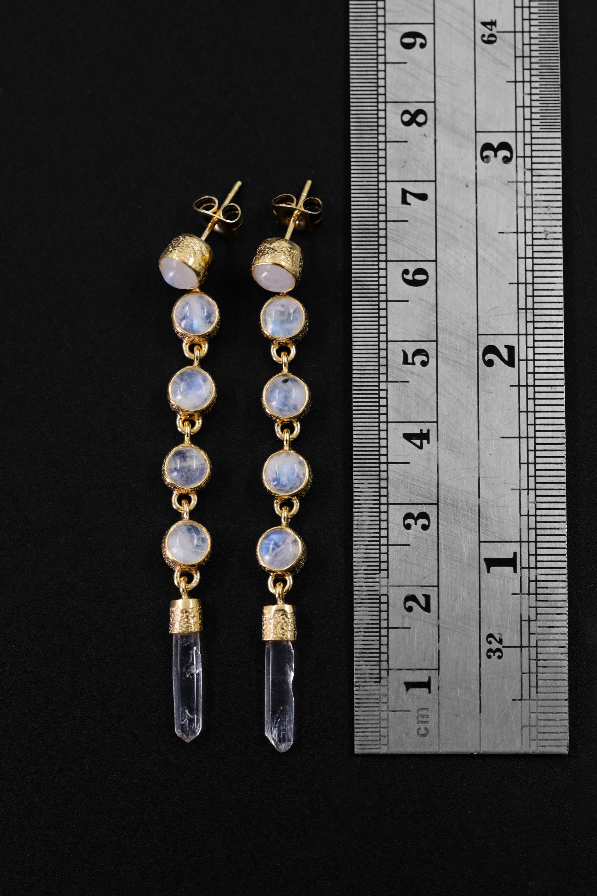 Round Blue Moonstone & Raw Clear Quartz Earrings Sand Textured Sterling Silver 18K Gold Plated 3 Micron Cancer Zodiac Spiritual Jewelry Gift