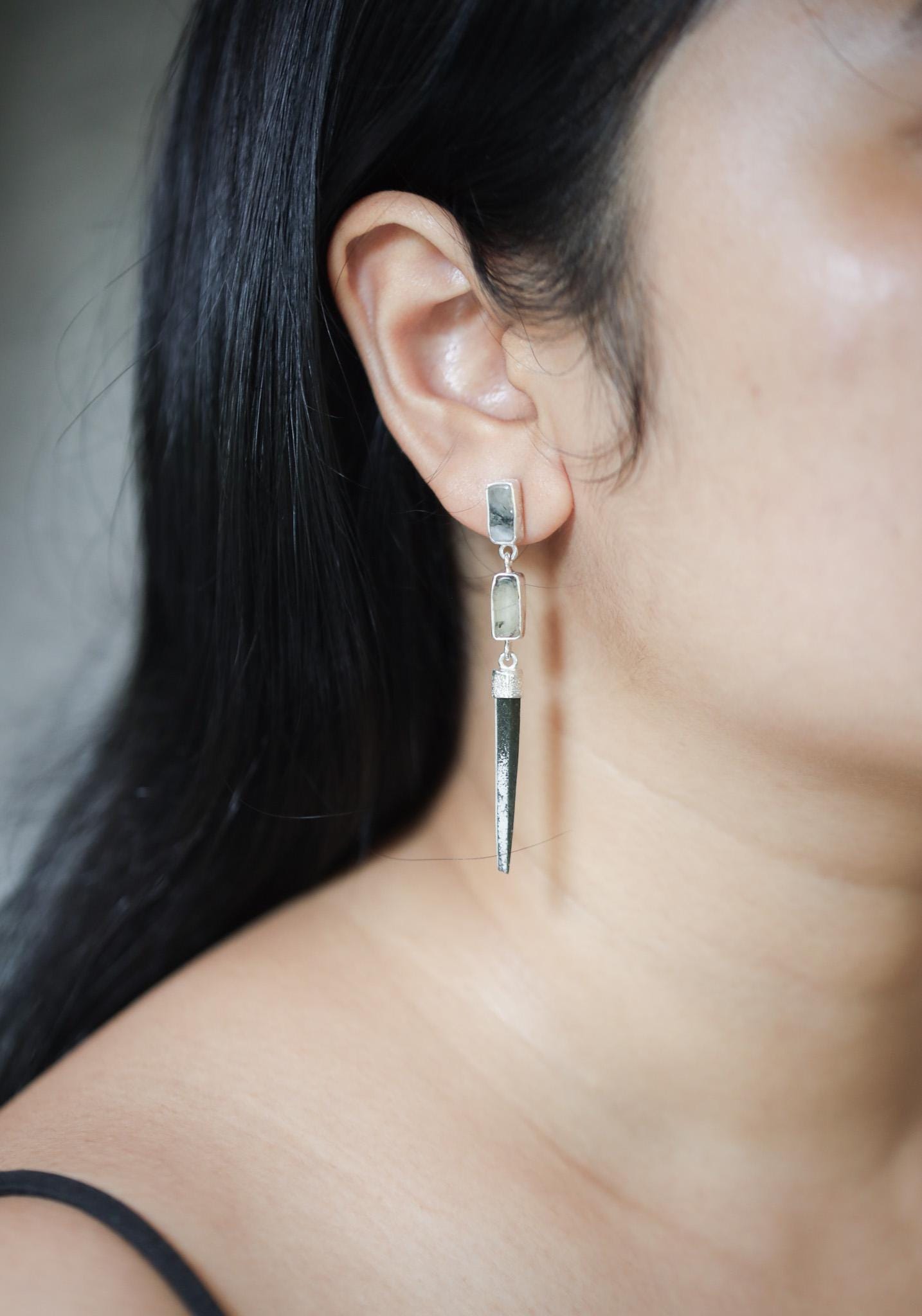Dangle Stud Earrings Black Rutile quartz & Green Chlorite Quartz Spike , Sterling Silver, Lux Sand Texture, Cystal Gift, Chakra Healing
