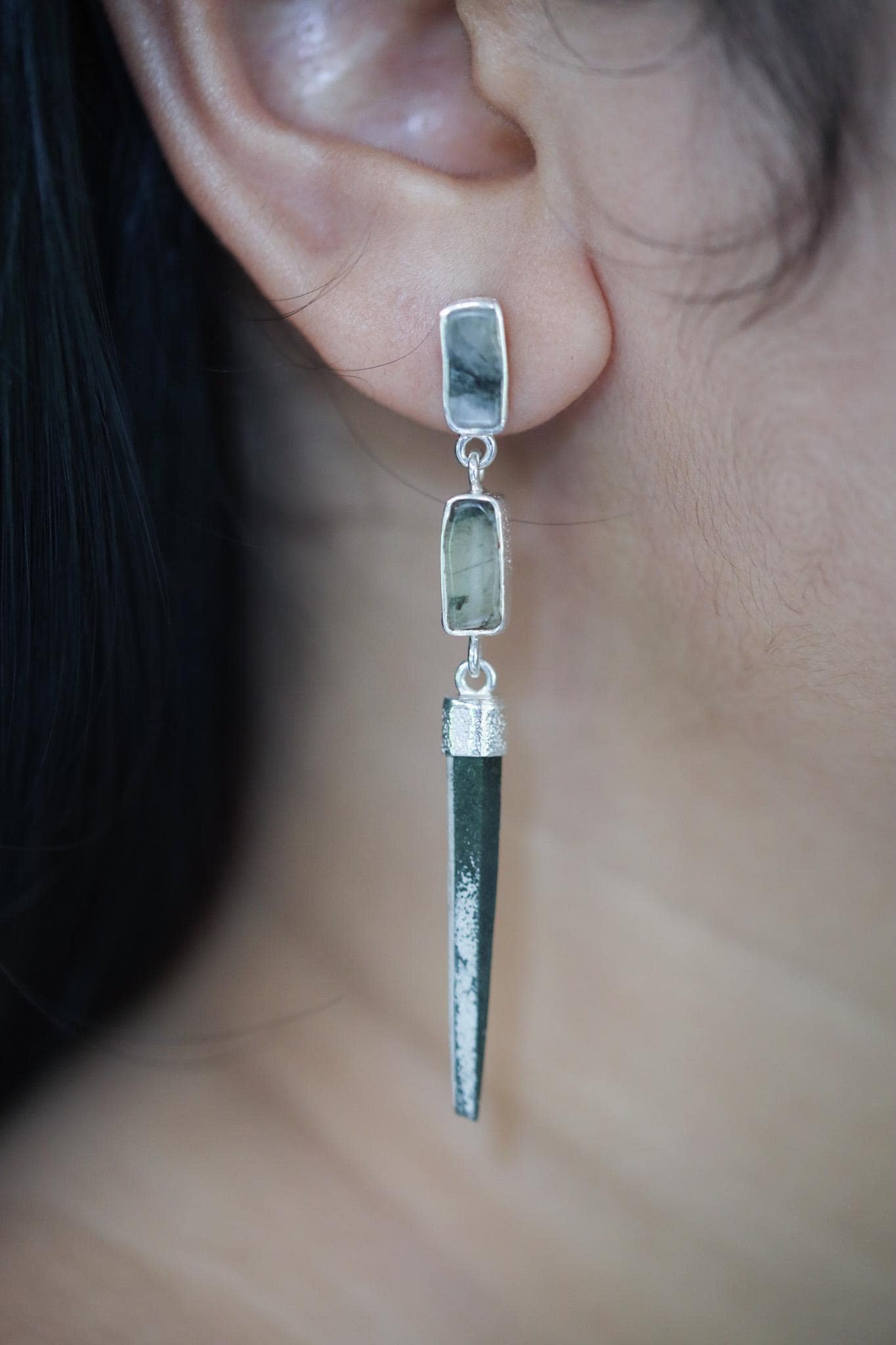 Dangle Stud Earrings Black Rutile quartz & Green Chlorite Quartz Spike , Sterling Silver, Lux Sand Texture, Cystal Gift, Chakra Healing