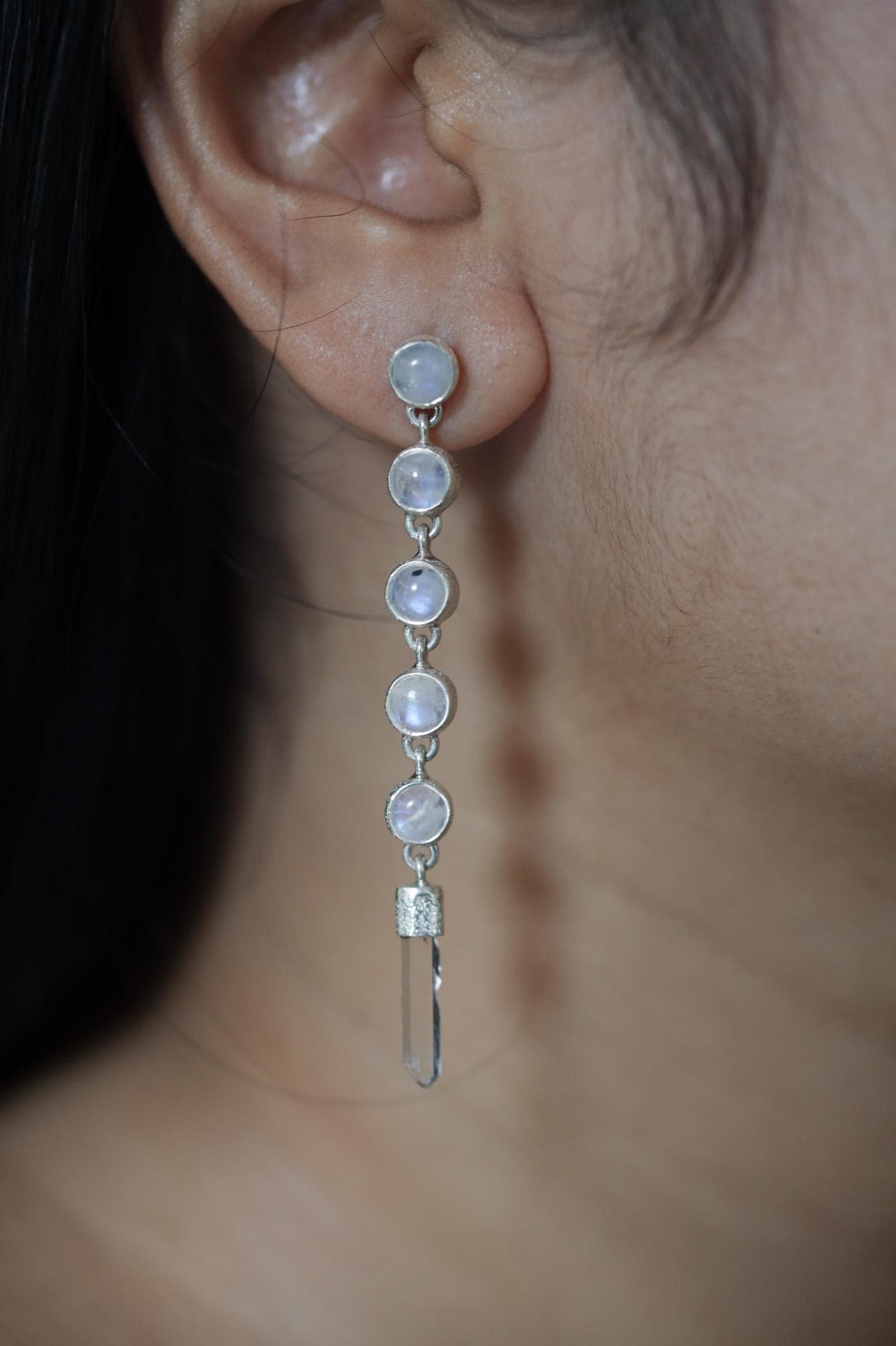 Stud Earring dangle Round Blue Moonstone & Raw Clear Quartz Earrings Sand Textured Sterling Silver Crown Chakra Cancer Zodiac Spiritual Gift
