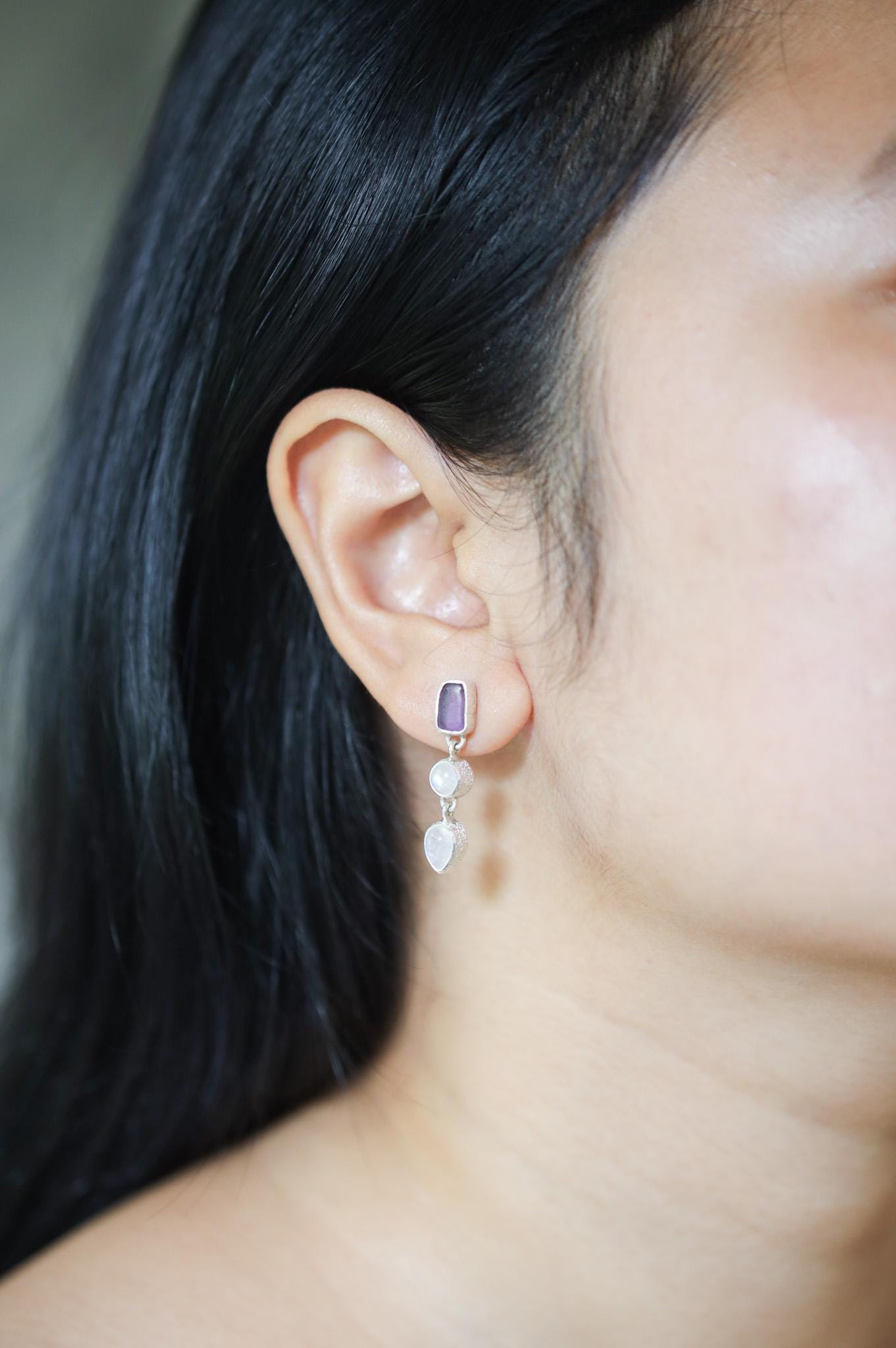 Amethyst & Blue Moonstone Stud Earrings with Sand Textured Sterling Silver dangle, Spiritual Jewelry for Intuition and Chakra Healing Gift