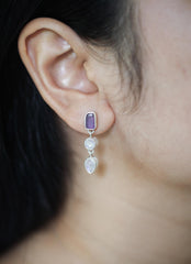 Amethyst & Blue Moonstone Stud Earrings with Sand Textured Sterling Silver dangle, Spiritual Jewelry for Intuition and Chakra Healing Gift