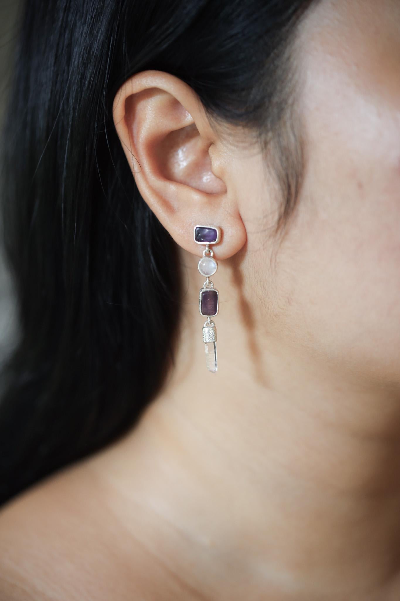 Amethyst Blue Moonstone and Raw Quartz Earrings, Sand Textured Sterling Silver Stud, Spiritual Jewelry, Chakra Healing, Unique Gift