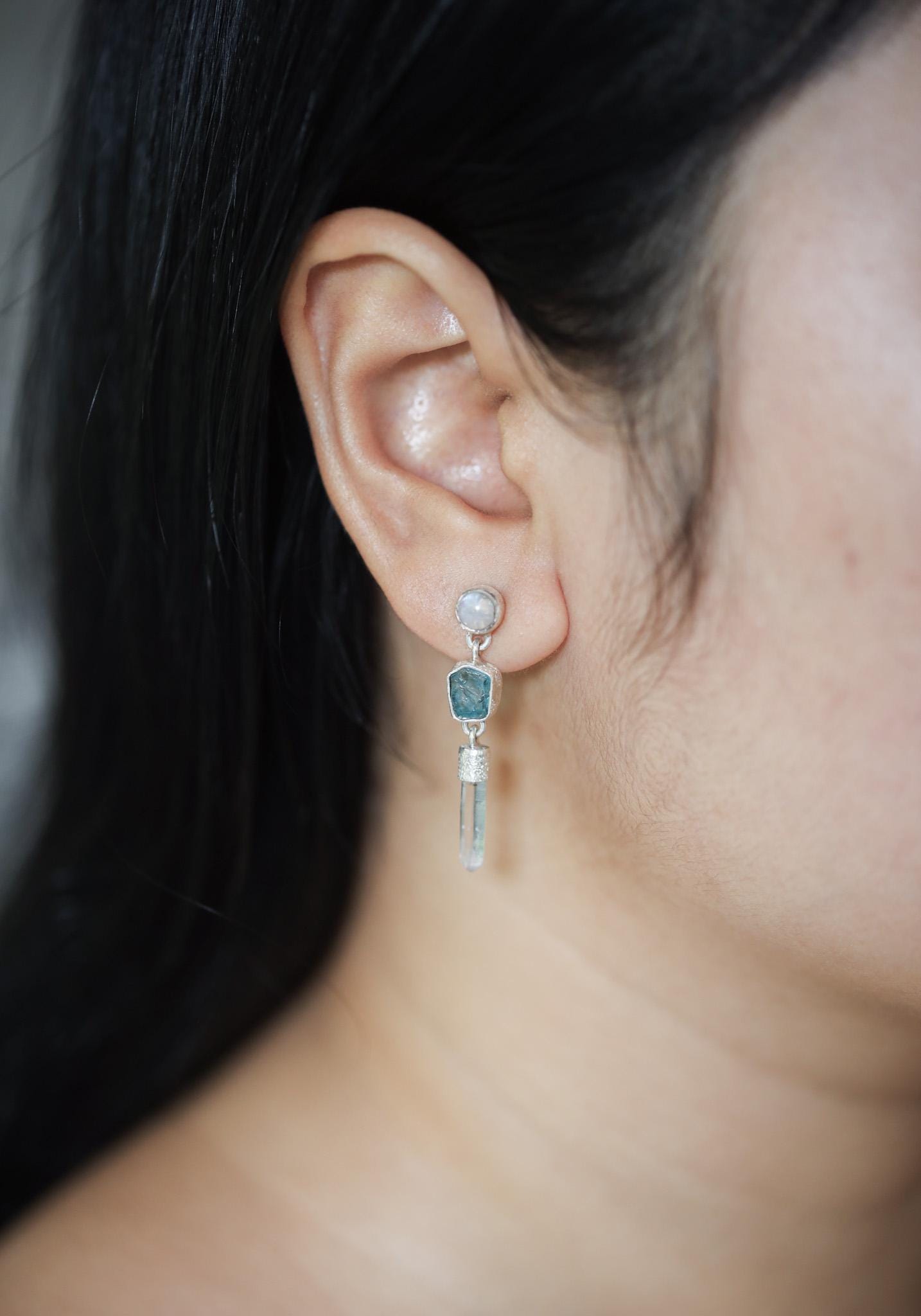 Moonstone, Blue Apatite & Clear Quartz Earrings – Sand Textured Sterling Silver Stud – Spiritual Jewelry for Chakra Healing and Unique Gift