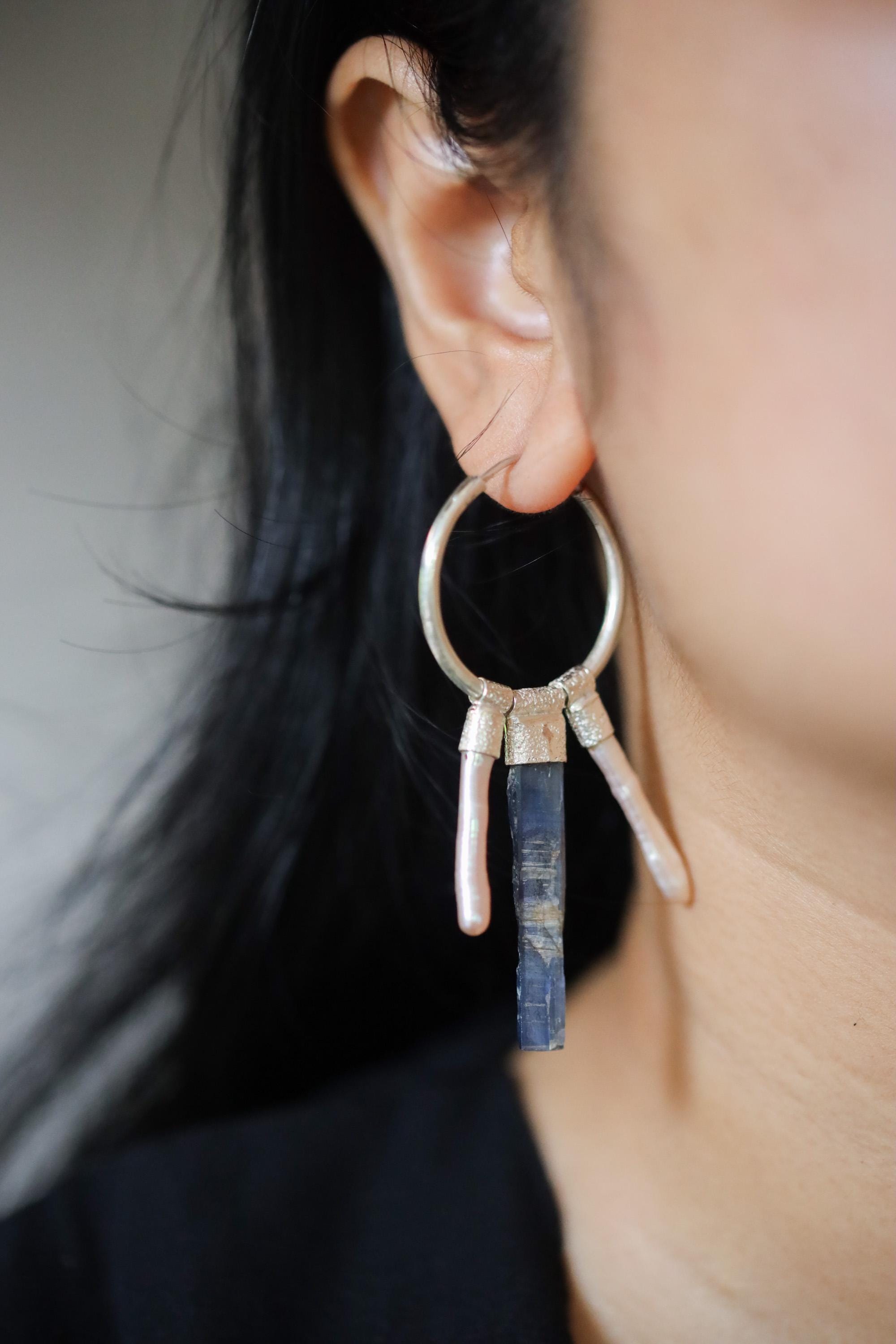 Raw Blue Kyanite & Pearl Stack Earrings, Sterling Silver Big Hoops, Throat and Crown Chakra, Unique Gift, Multifunctional Jewelry