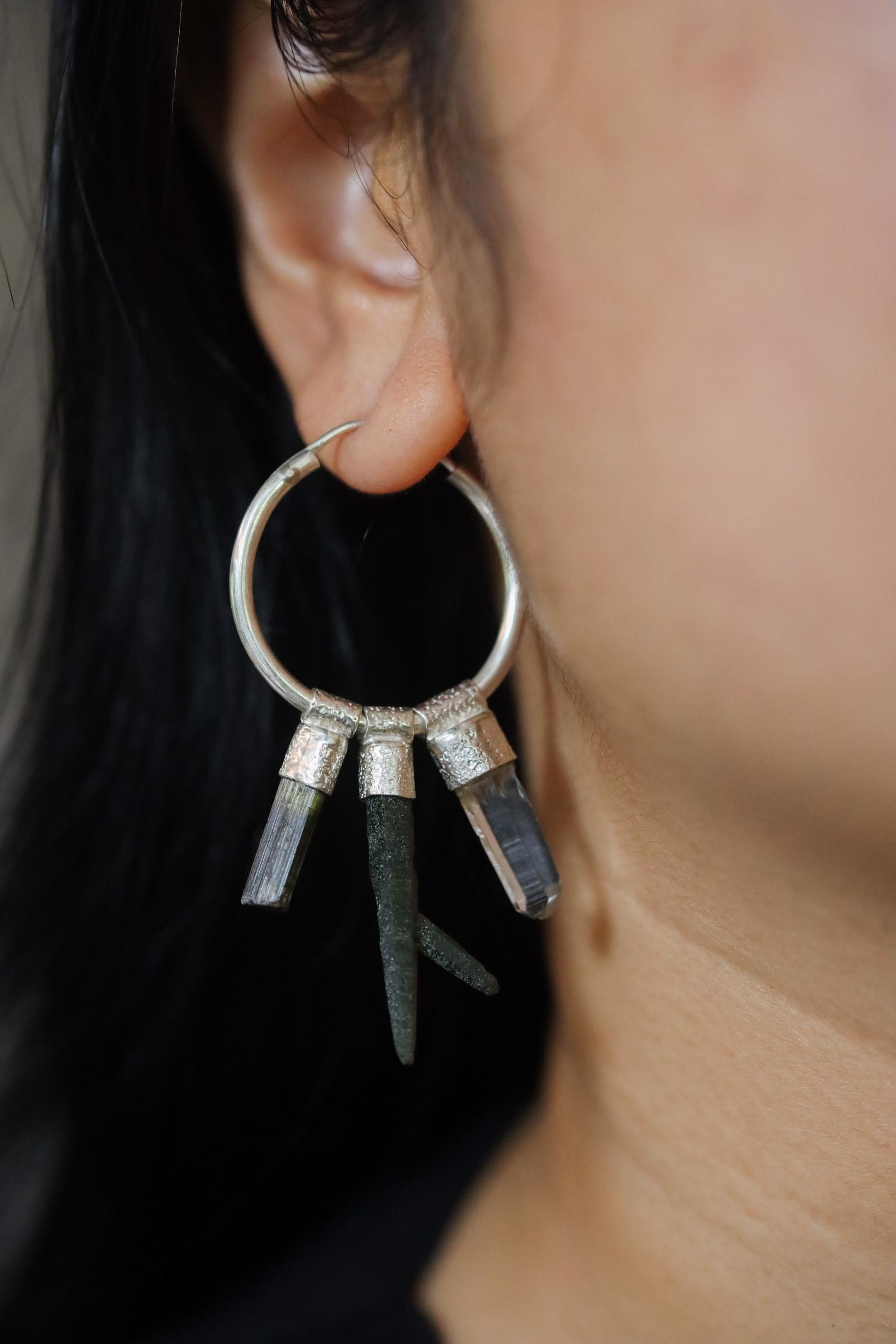 Himalayan Chlorite Quartz, Green Tourmaline & Clear Quartz Stack Pendant Hoop Earring, Sterling Silver, Multifuctional Jewelry, Gift for Her