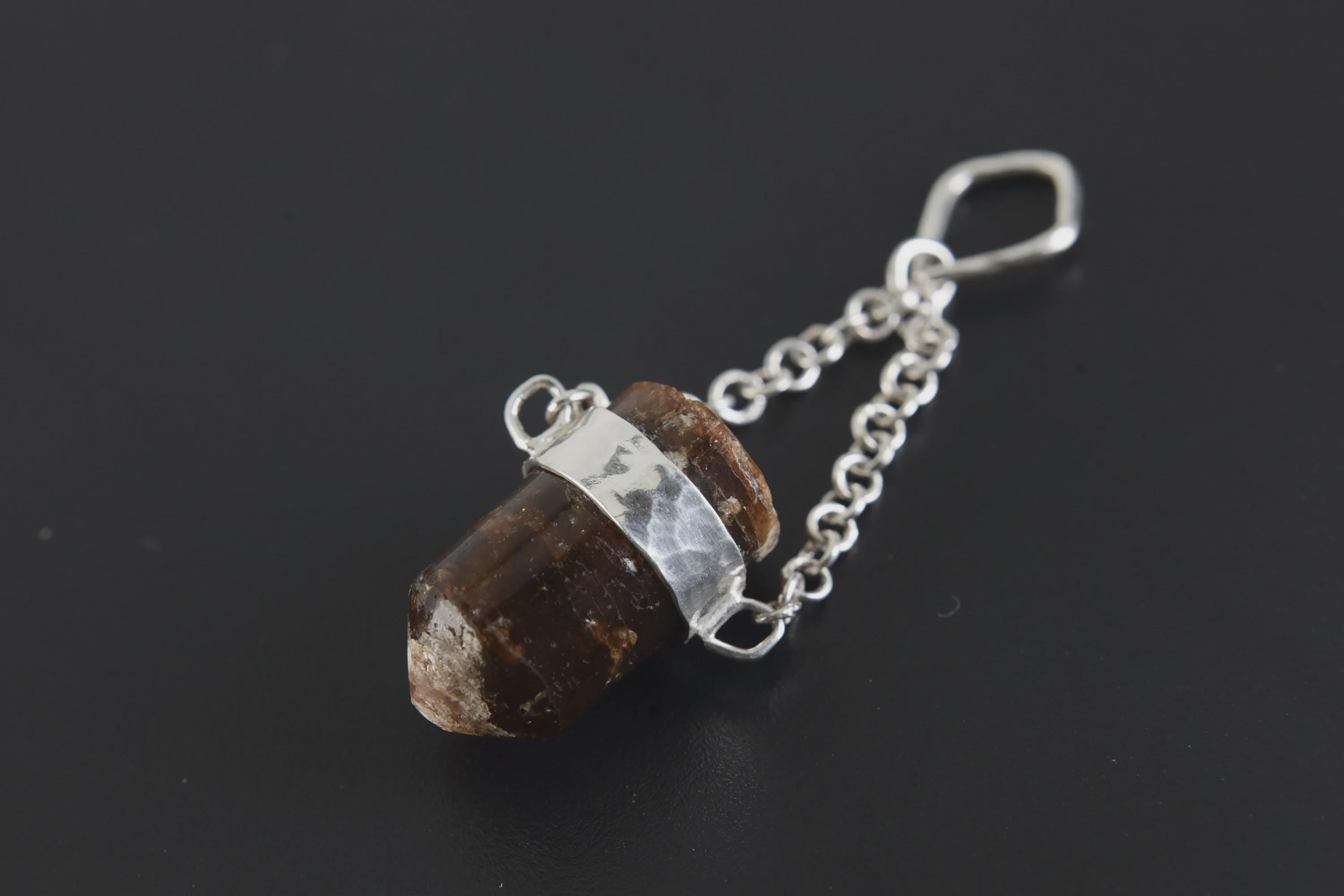 Earthen Bullet Brown Tourmaline - Sterling Silver Crystal Pendant - Hammered Textured & High Polish Finish