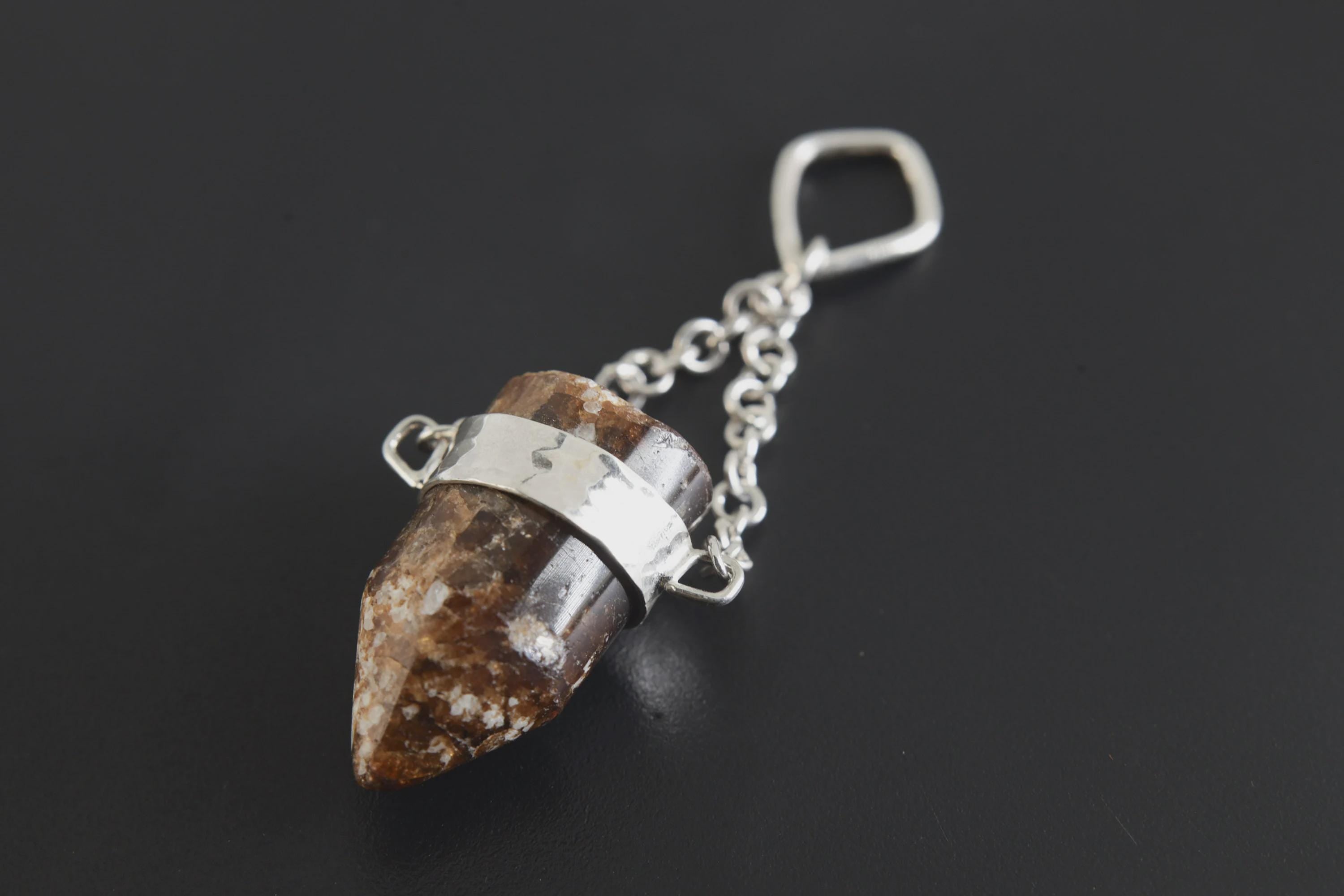 Earthen Bullet Brown Tourmaline - Sterling Silver Crystal Pendant - Hammered Textured & High Polish Finish