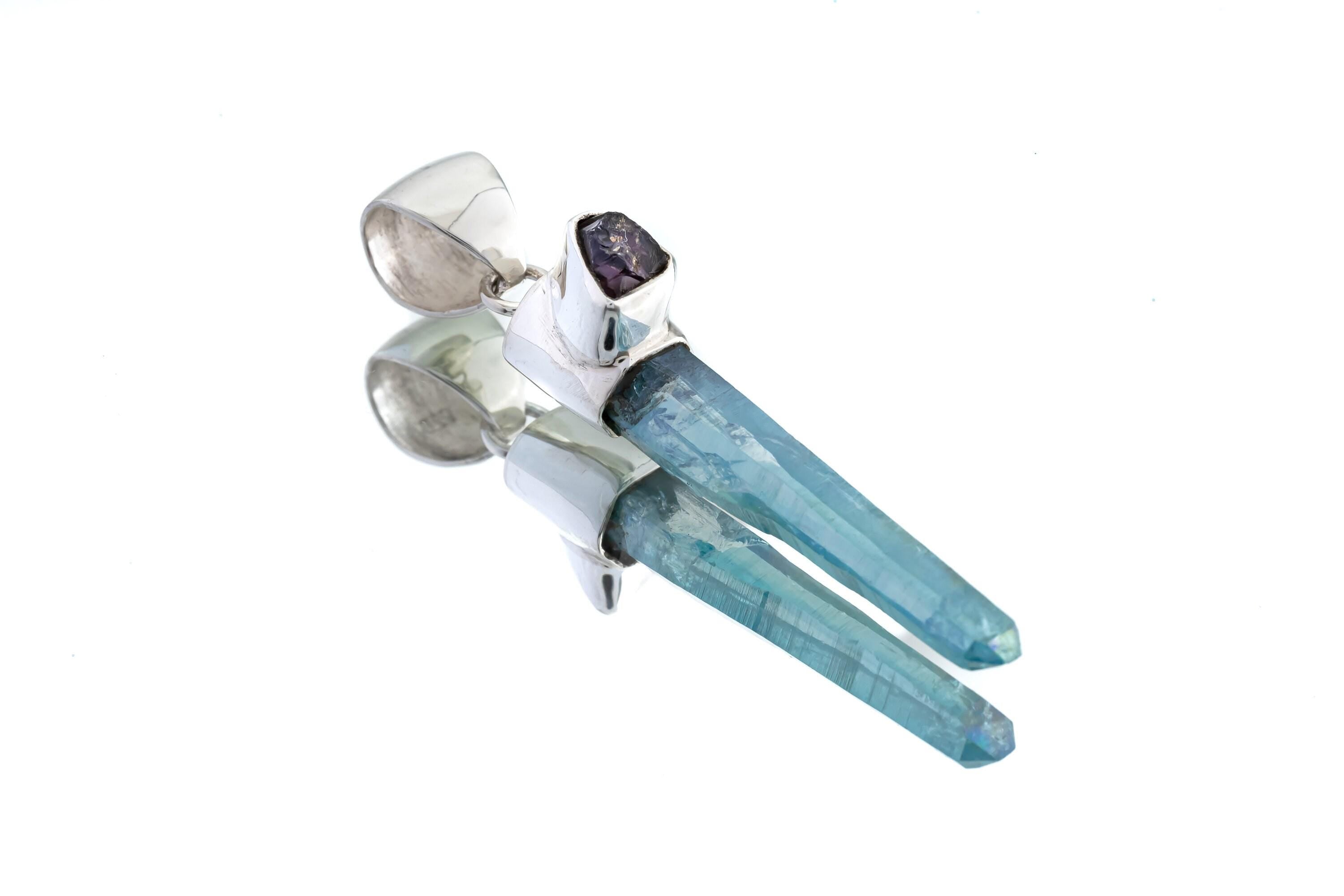 Aqua Aura Quartz Amethyst Pendant, Raw Amethyst Crystal, High Shine 925 Sterling Silver, Healing Crystal Necklace Chakra, Handmade Pendant