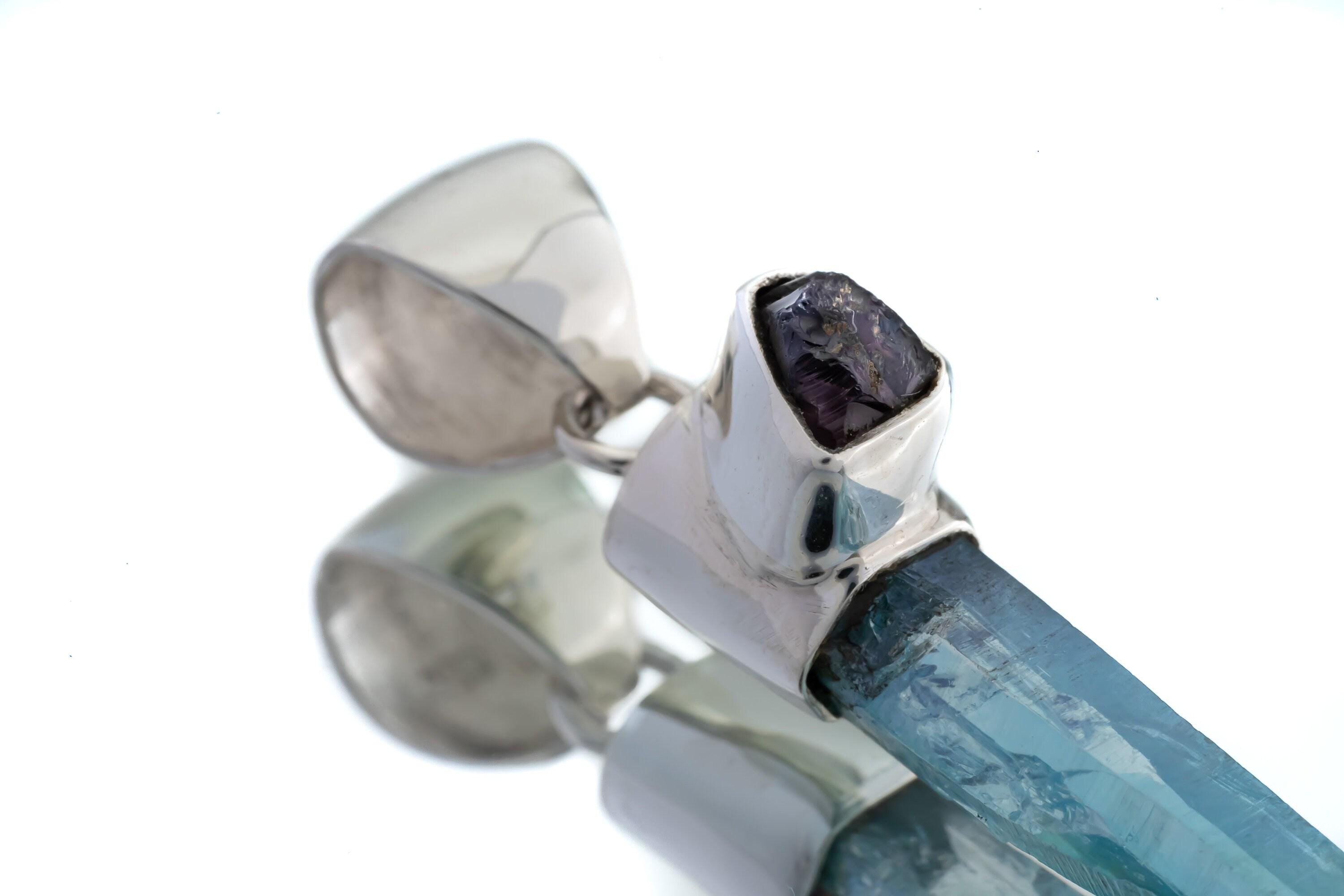 Aqua Aura Quartz Amethyst Pendant, Raw Amethyst Crystal, High Shine 925 Sterling Silver, Healing Crystal Necklace Chakra, Handmade Pendant