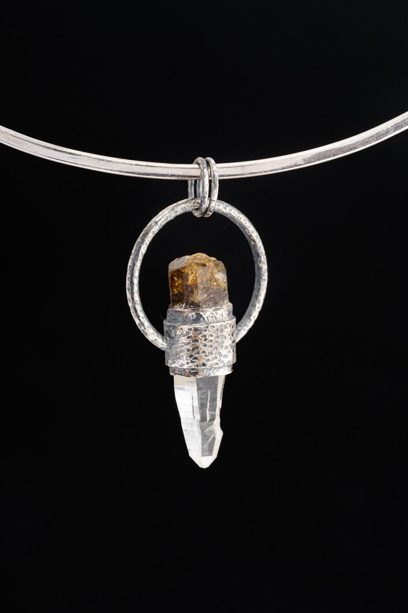 Brown Tourmaline Emerald Lemurian Quartz Pendant 925 Silver Oxidized Raw Crystal Heart Crown Chakra Necklace