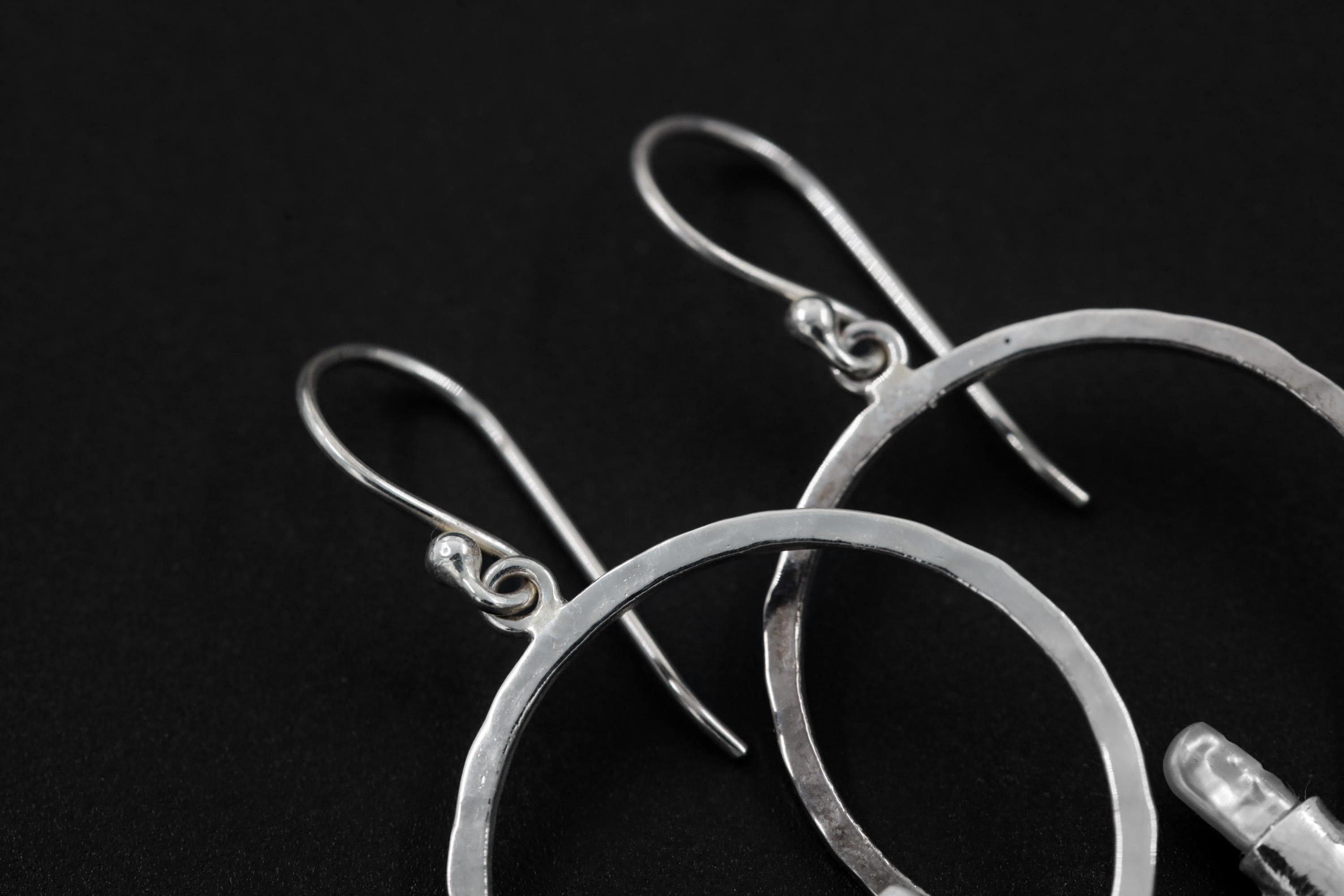 Pearl Hoop Dangle Earrings Hammer Textured Sterling Silver Shiny Finish Circle Portal Design Cancer Zodiac, Third Eye Chakra Unique Gift