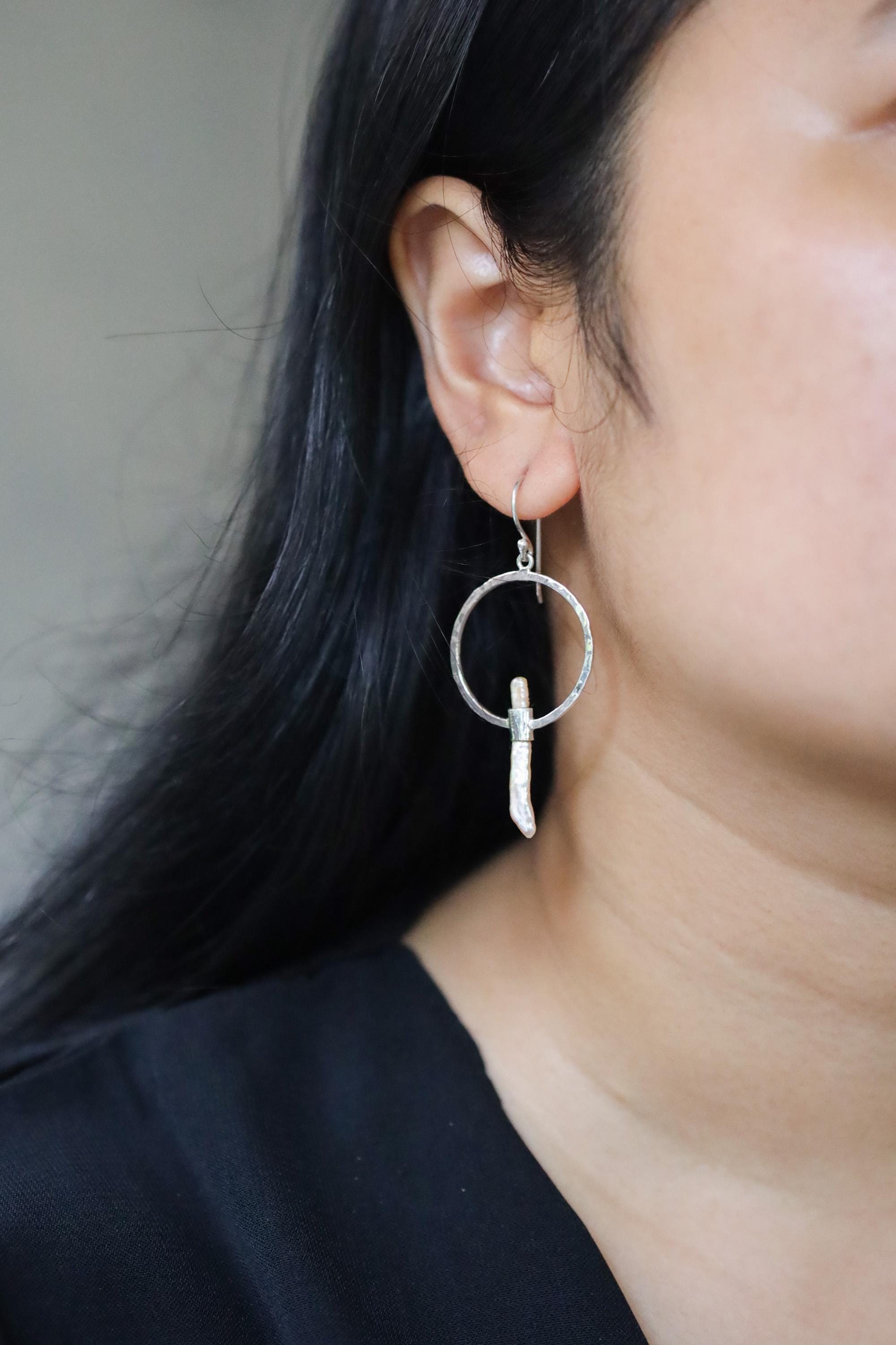 Pearl Hoop Dangle Earrings Hammer Textured Sterling Silver Shiny Finish Circle Portal Design Cancer Zodiac, Third Eye Chakra Unique Gift