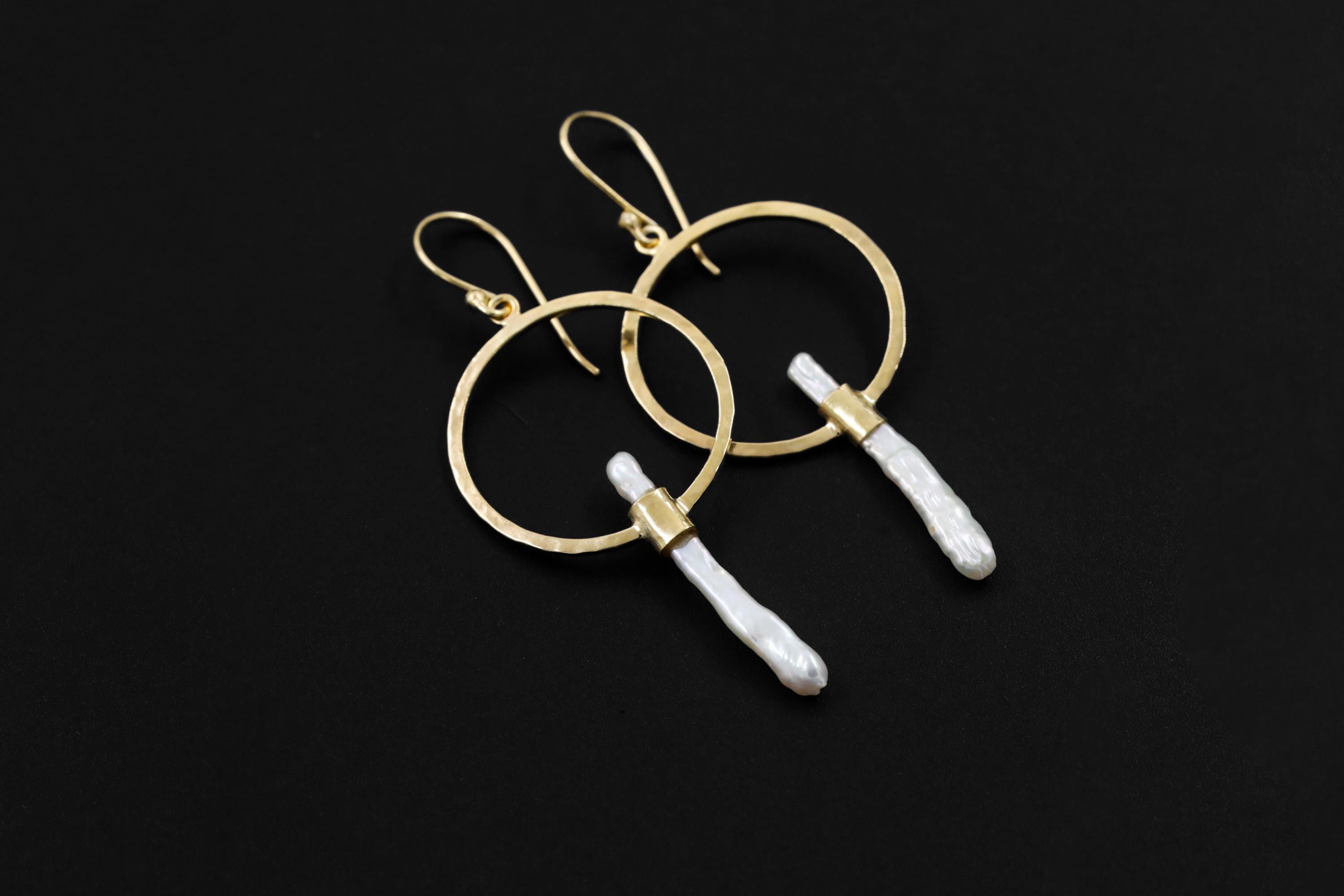 Long Baroque Pearl Dangle Hoop Earrings Hammer Textured Sterling Silver 18k Gold Plated Circle Portal Cancer Zodiac Third Eye Unique Gift